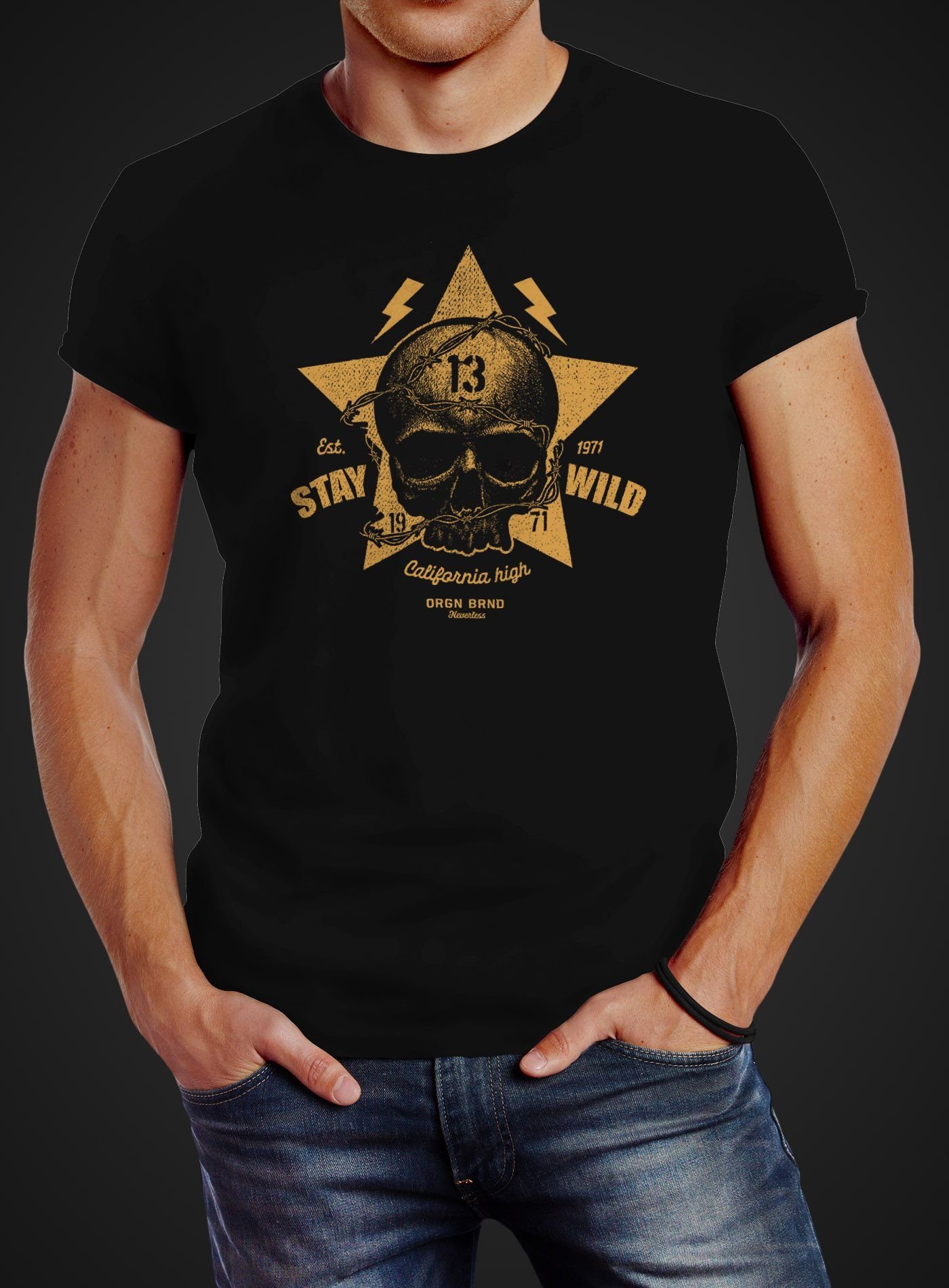 Stay Neverless® Totenkopf Printshirt Fit Herren mit schwarz Skull Print-Shirt Slim Print Motiv T-Shirt Neverless Wild