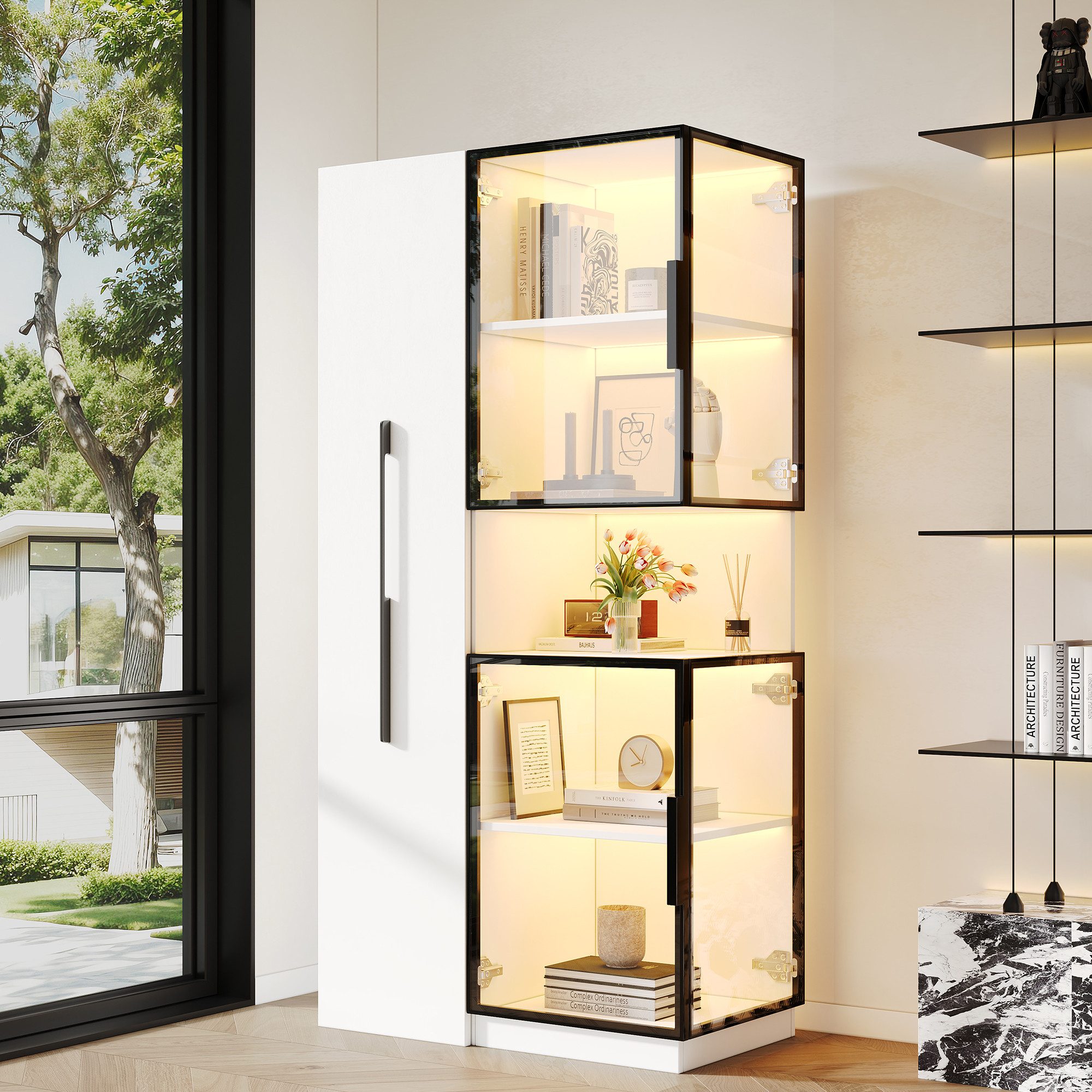Flieks Glasvitrine Eckschrank Hochschrank mit LED-Beleuchtung, Ausziehregal, Glastüren (1-St., 70×38×160 cm) multifunktionaler Mehrzweckschrank Standvitrine Eckvitrine Weiß