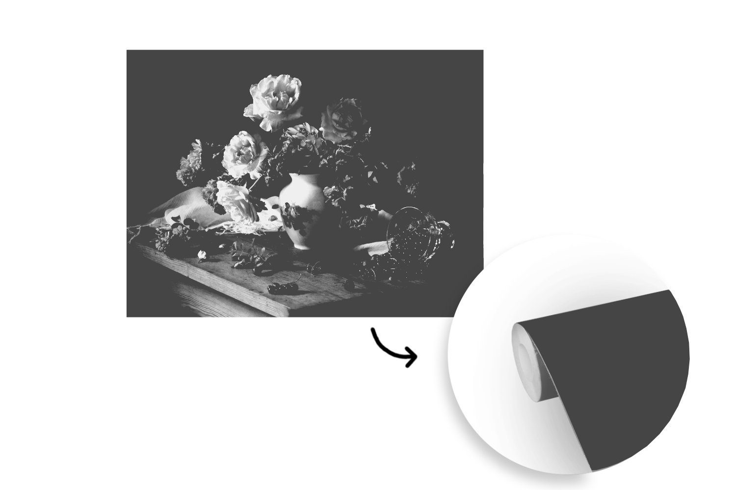 MuchoWow Fototapete Stilleben - weiß, Vinyl - Rosen Schlafzimmer, (6 für Tapete Matt, St), und Wohnzimmer, Wallpaper Kinderzimmer, Schwarz bedruckt
