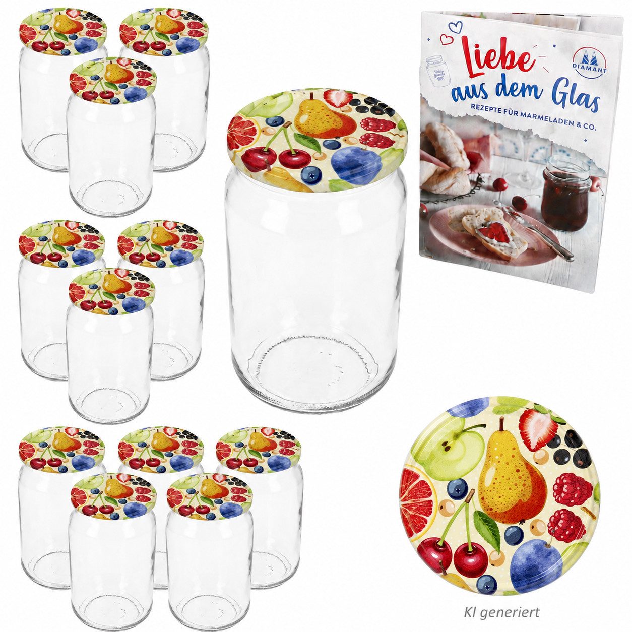 MamboCat Einmachglas 12er Set Sturzglas 720ml Einmachglas Comic-Obst Deckel Rezeptheft, Glas