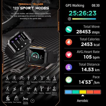 findtime Smartwatch (1,83 Zoll, Android iOS), Herren mit Telefonfunktion Sportuhr Militär Fitnessuhr 123 Sportmodi