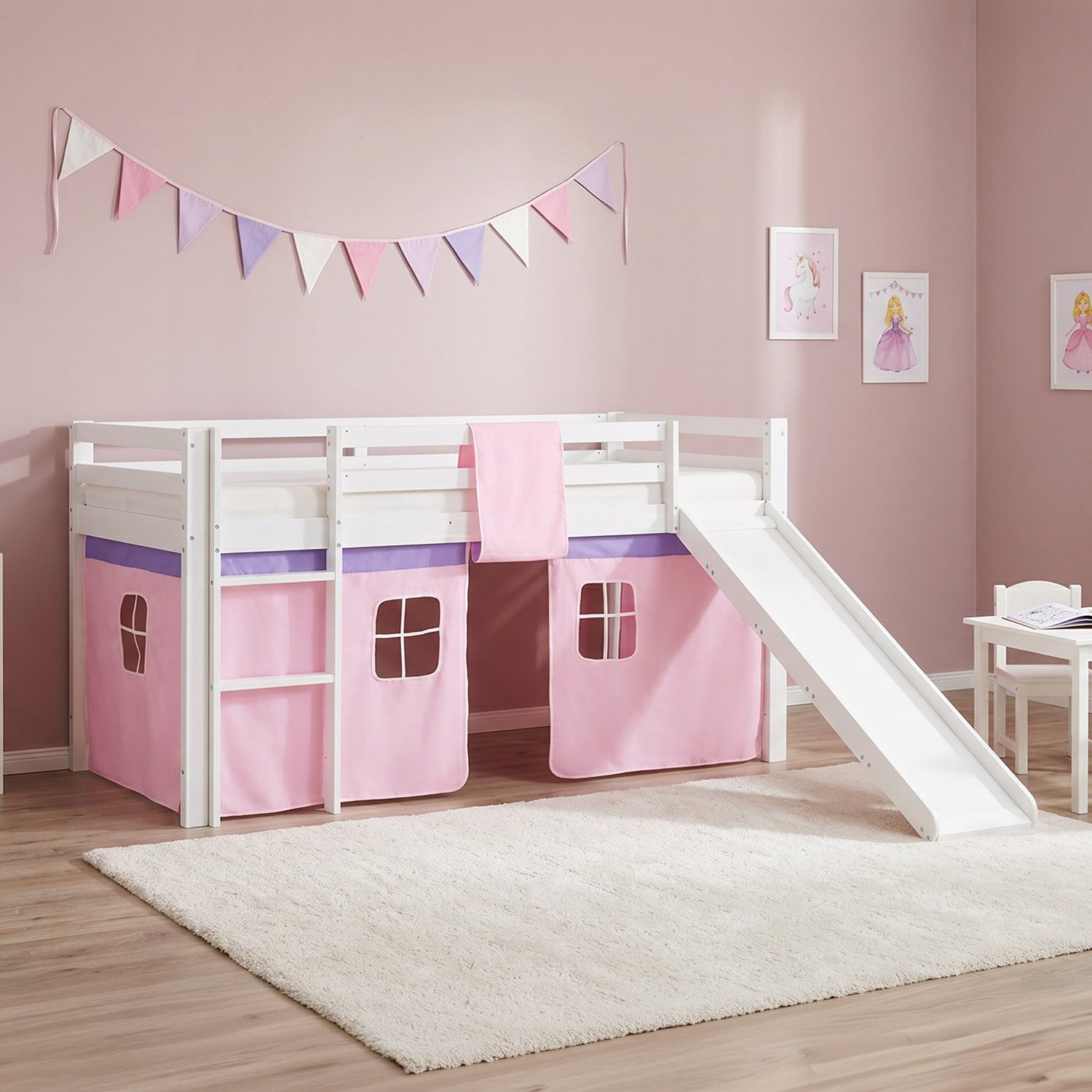 Homestyle4u Hochbett Kinder mit / ohne Matratze mit / ohne Rutsche 90x200 Rosa Mädchen (Set, mit Lattenrost, Rutsche, Spielbett) Kiefer, Jungen Mädchen