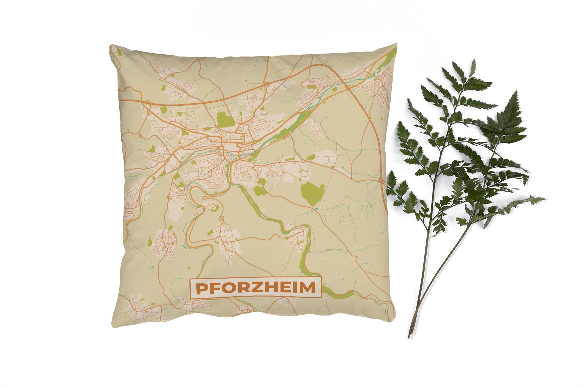 MuchoWow Dekokissen Pforzheim - Karte - Vintage - Stadtplan, Zierkissen mit Füllung für Wohzimmer, Schlafzimmer, Deko, Sofakissen