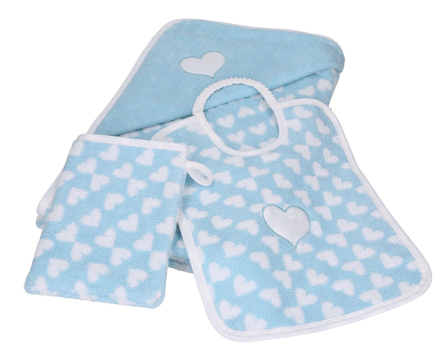 Waschhandschuh, Herzchen 100% 1 Kapuzenhandtuch Badetuch 1 blau Lätzchen Babyset 1 Baumwolle 3tlg. II Betz