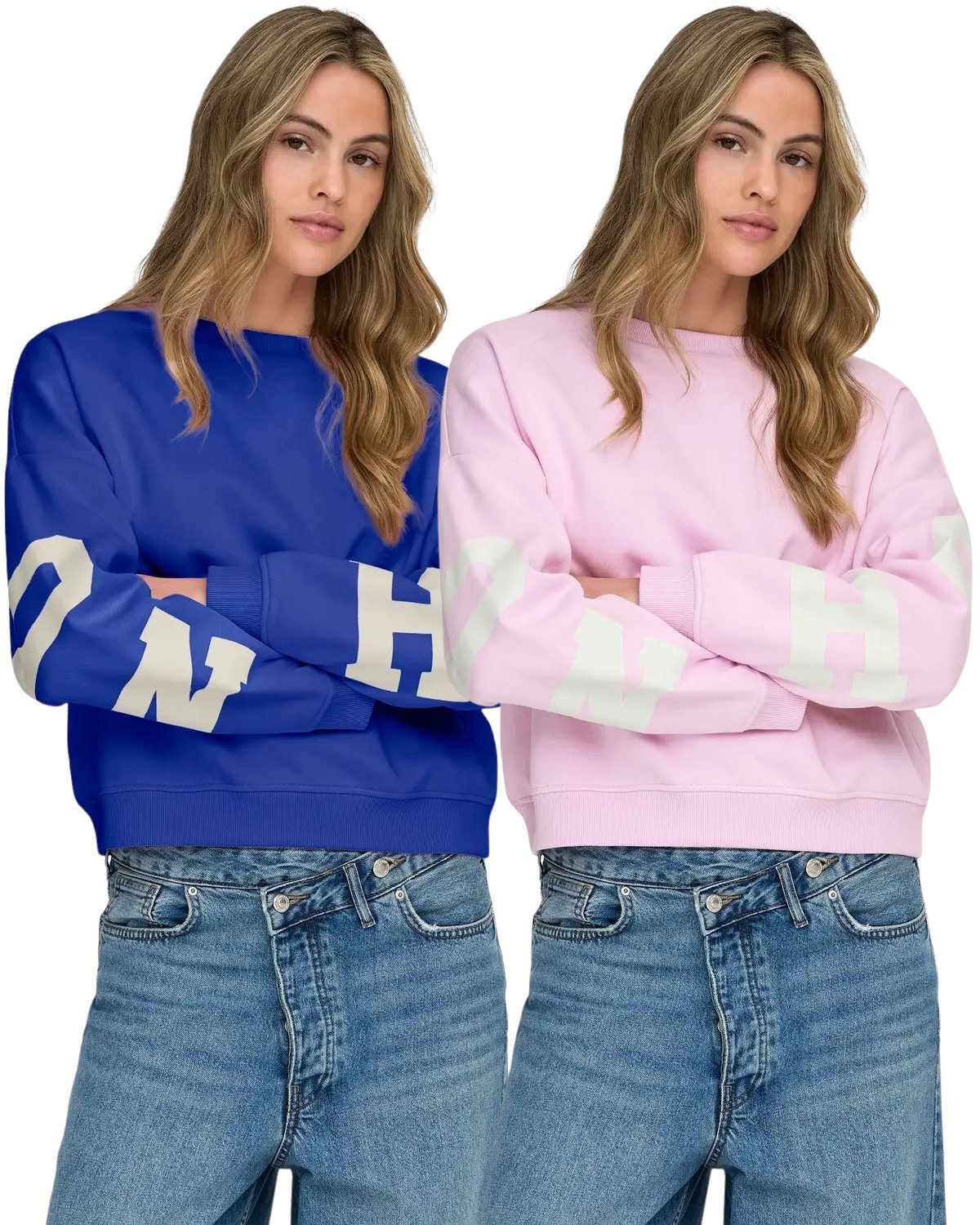 ONLY Rundhalspullover (2er-Pack) Stylischer Loose Fit Pullover mit trendigem Aufdruck