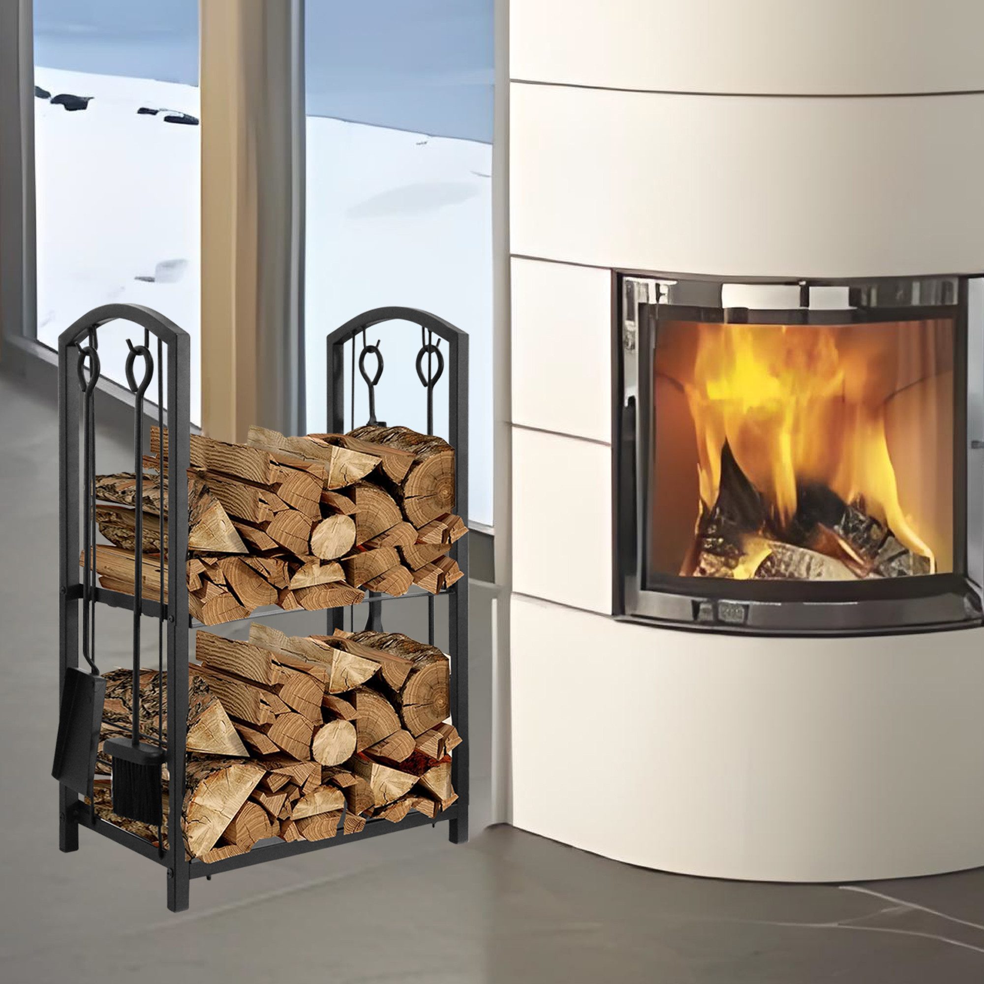 Mucola Kaminholzregal Feuerholzablage 6-tlg. Kaminbesteck Kaminhandschuhe K günstig online kaufen