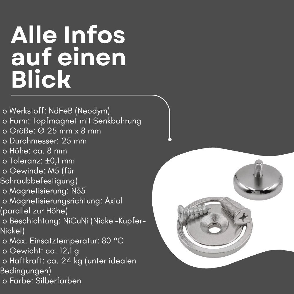 MaajeeKuto Magnet Neodym Topfmagnet Ø25 mm mit Senkbohrung 24 kg Gewinde M5 (1-St)