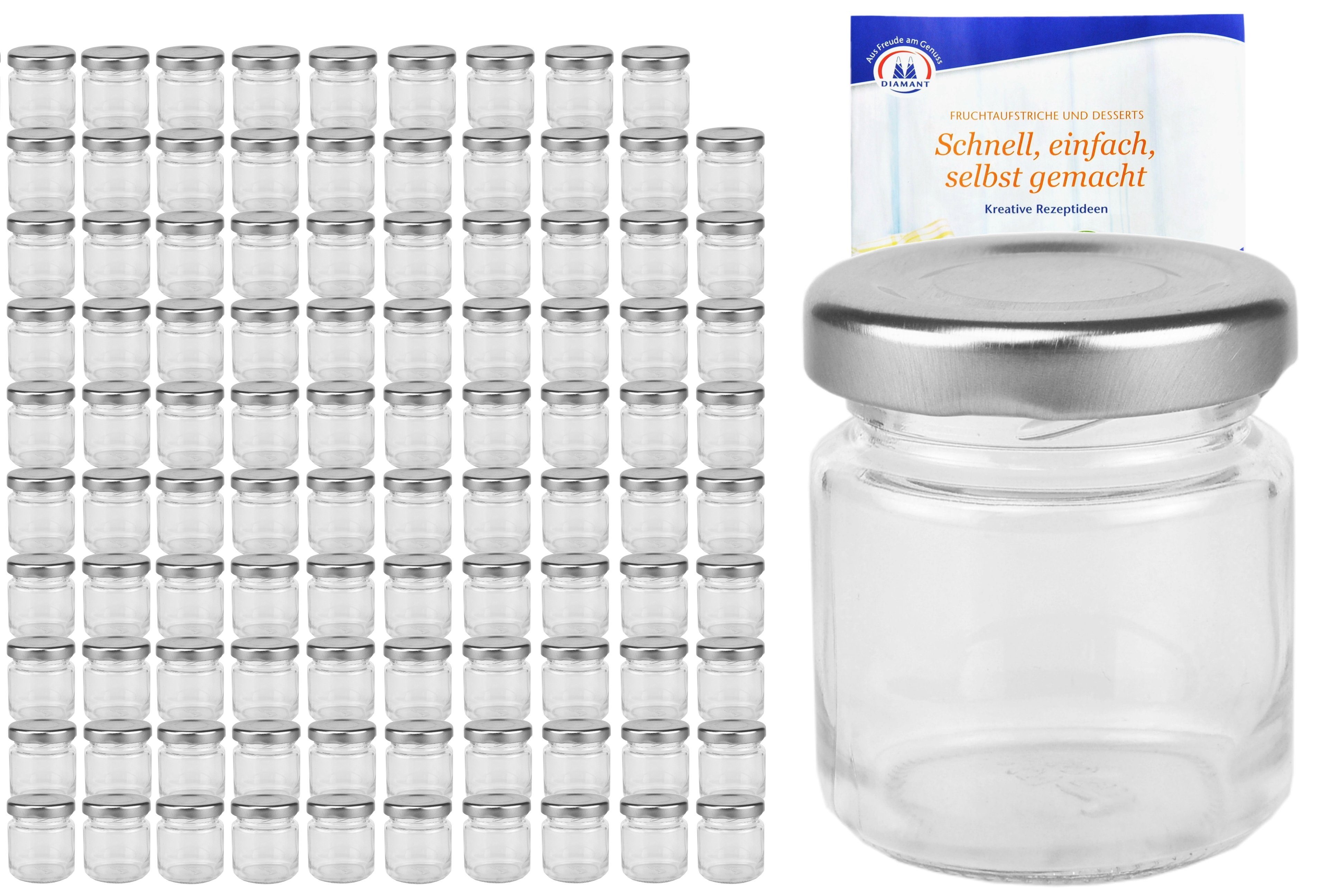 MamboCat Einmachglas 100er Set Sturzglas 53 ml To 43 silberner Deckel incl. Rezeptheft, Glas