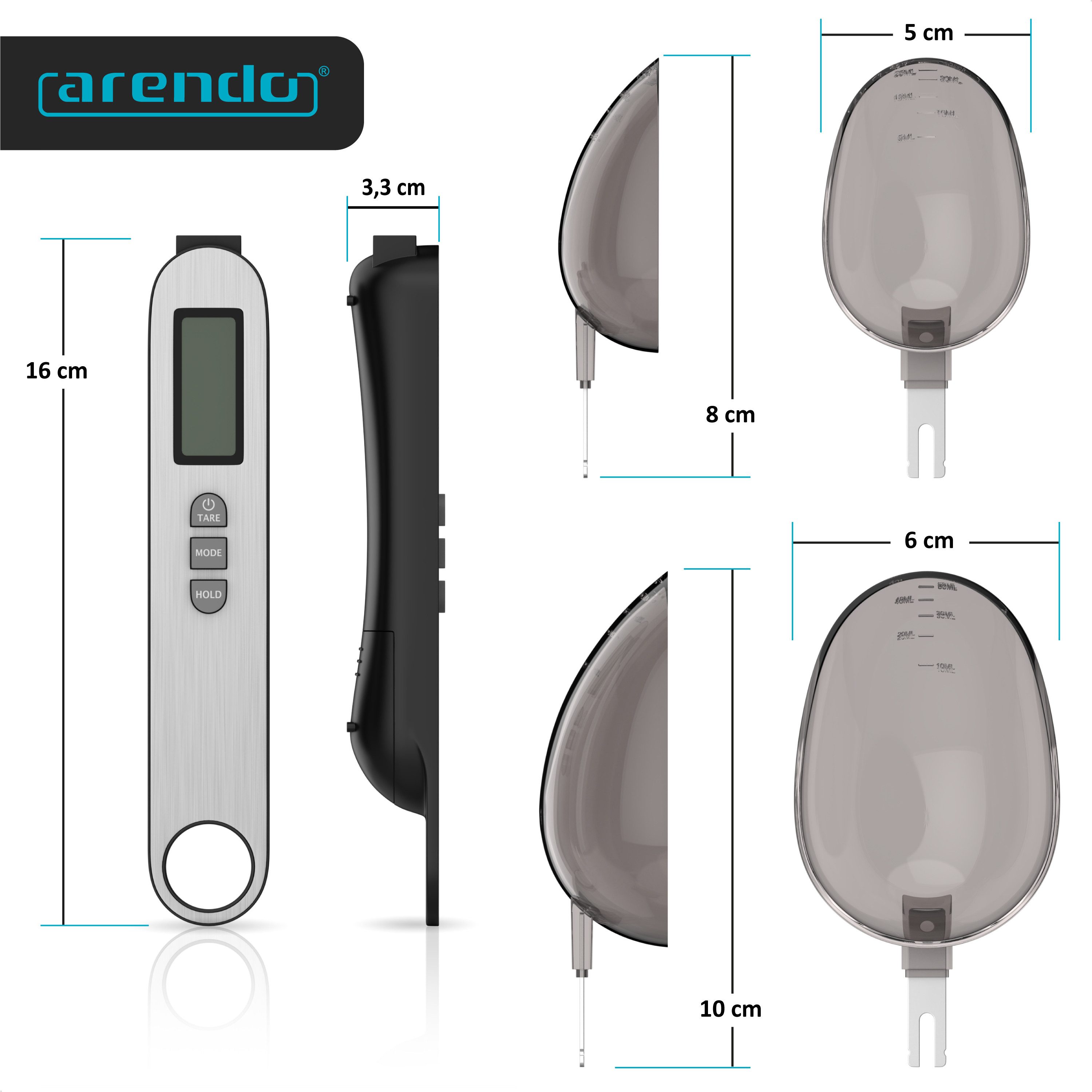 Arendo Löffelwaage Küchenwaage digital, Feinwaage, LCD-Anzeige, max. 500g, 0,1g Auflösung, 2 abnehmbare Löffel mit Skalierung, Abschaltautomatik 60 s, Edelstahl