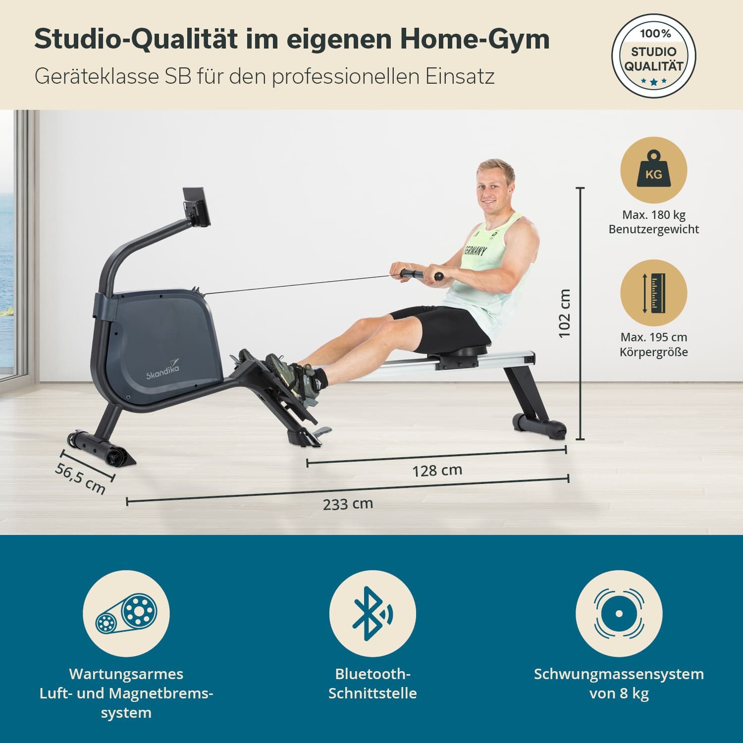 Skandika Rudergerät Njord Ruderergometer mit 16 Stufen, Studioqualität, für Zuhause, klappbar, 8 kg Schwungmassensystem, max. 180 kg, Kinomap, Bluetooth