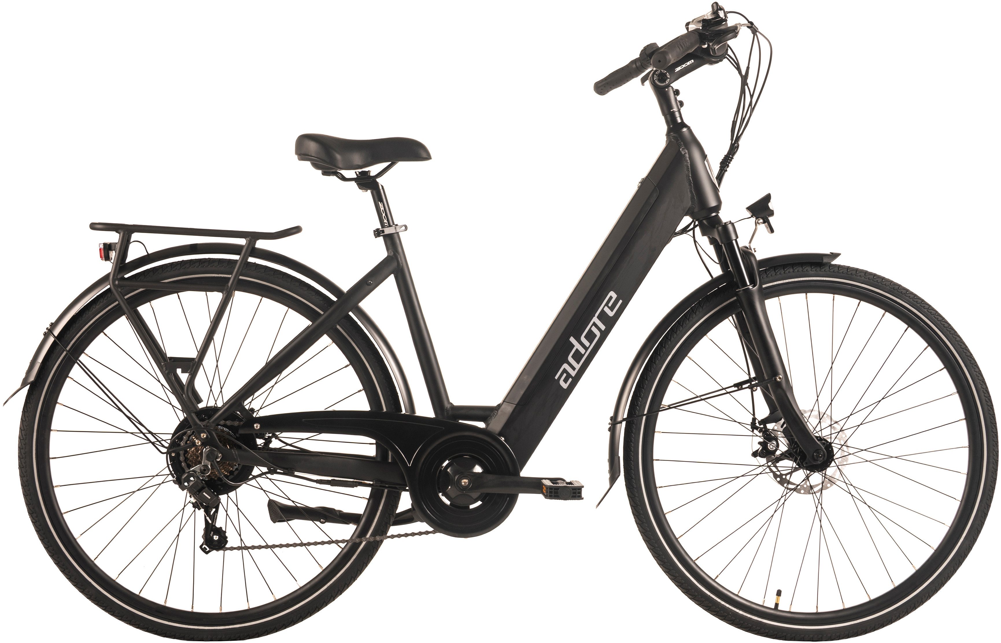 Adore E-Bike Cityrad 28" Alu Cityfahrrad CV-180 Heckmotor 50NM / 15Ah Schwarz matt, 7 Gang Shimano Tourney Schaltwerk, Kettenschaltung, Heckmotor, 540 Wh