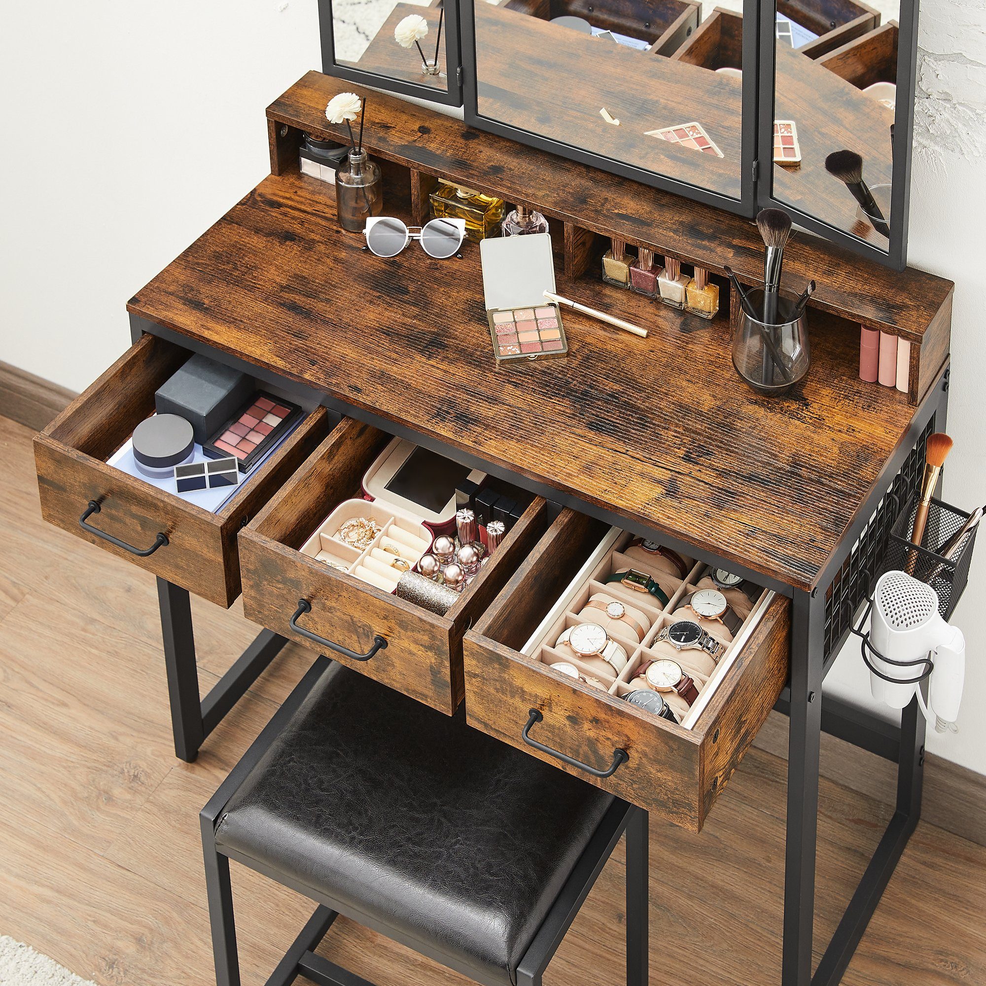 VASAGLE Schminktisch Frisiertisch mit Dreispiegel, 3 Schubladen, Haartrockner (1 Tisch mit 1 Hocker), mit gepolstertem Hocker, industrieller Stil