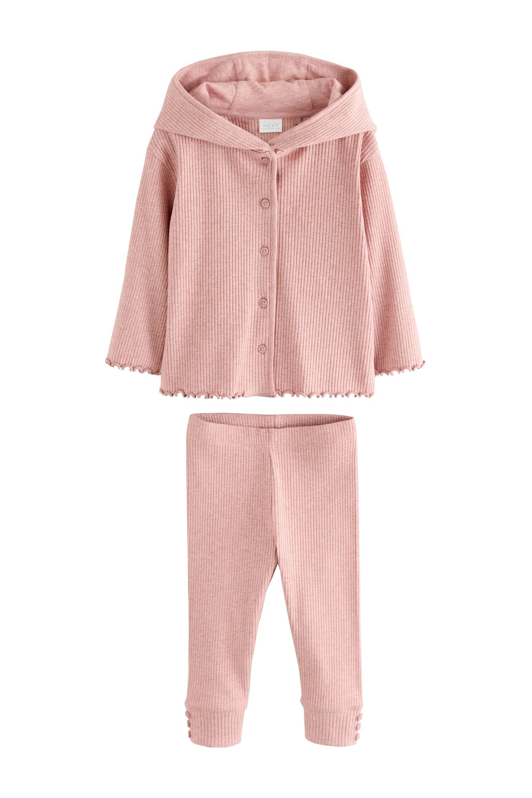 Next Langarmshirt & Leggings Gerippte Kapuzenstrickjacke und Leggings im Set (2-tlg)