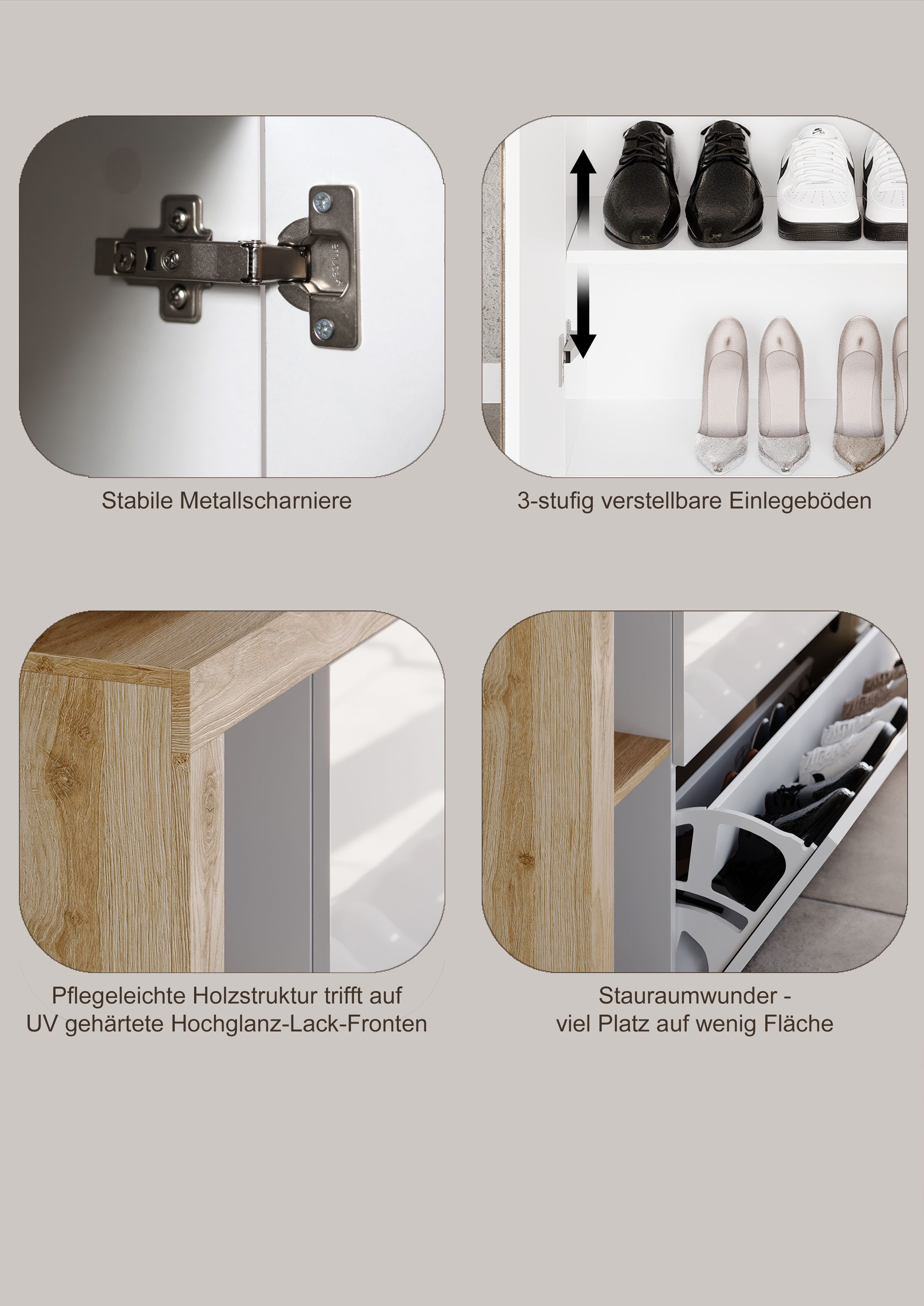 Home affaire Schuhschrank Hamburg Breite 133 cm, Schuhkipper, 2 Klappen, hängend o. stehend, Schuhkommode schmal, dekorativer Rahmen- 2 Ablagefächer, Metallgriffe