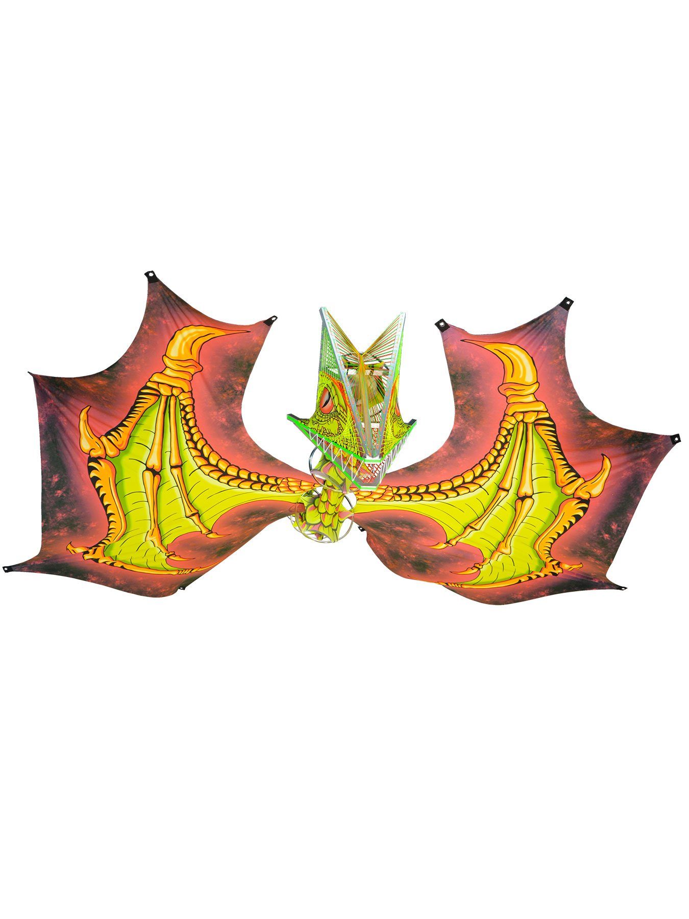 PSYWORK Dekoobjekt Schwarzlicht StringArt Drache Spandex Flügel "Dragon Temple Green" 6m, UV-aktiv, leuchtet unter Schwarzlicht