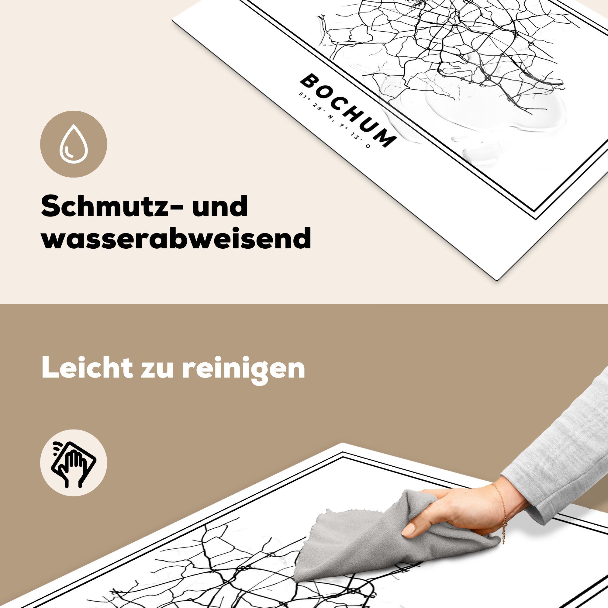 tlg), Bochum küche, Schwarz-Weiß MuchoWow Karte, Vinyl, Karte die - Herdblende-/Abdeckplatte - Stadtplan Schutz 81x52 - für cm, Deutschland - Induktionskochfeld (1 Ceranfeldabdeckung -