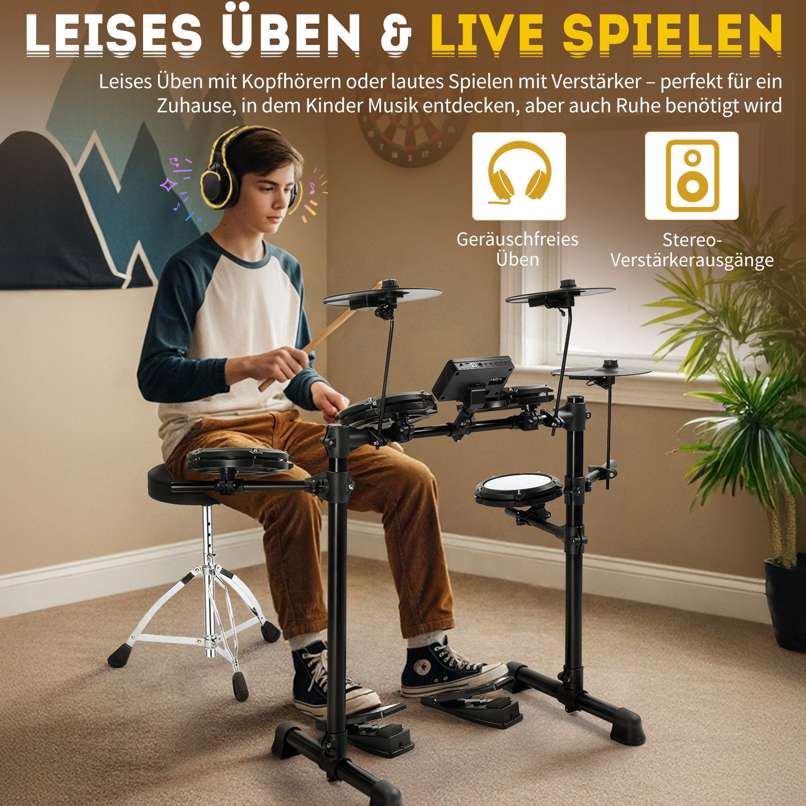 LALAHO E-Drum mit 4 Pads und 3 Becken Kinder Elektronisches Schlagzeug Set, E-Drum Kit 150 Töne 15 Schlagzeug-Kits, Kopfhörer Sticks Drumhocker – Bild 5 von 5