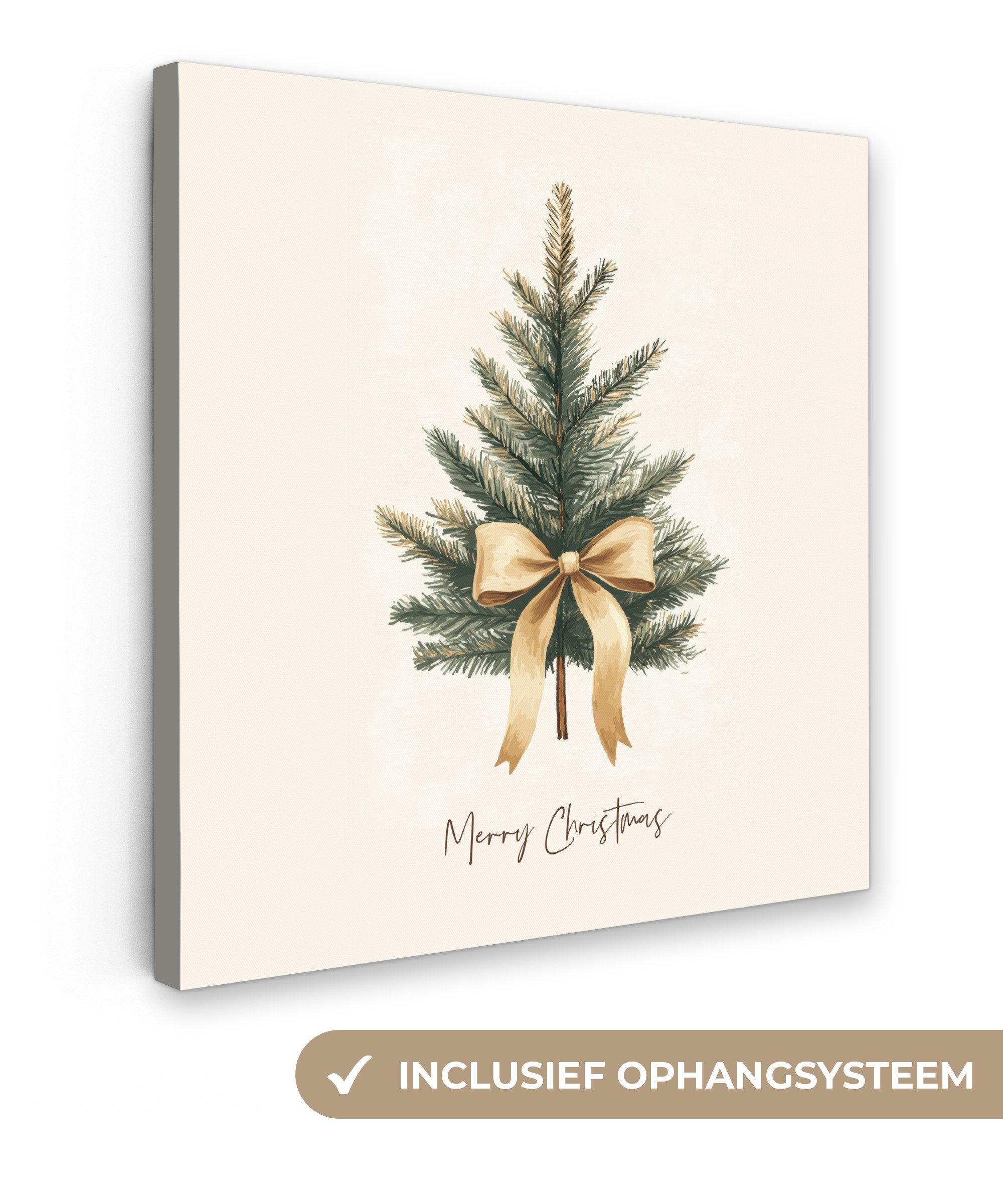 OneMillionCanvasses® Leinwandbild Weihnachtsbaum - Weihnachten - Frohe Weihnachten - Beige, Fotodruck (1 St), Wandbild, Deko Schlafzimmer Wohnzimmer Flur 20x20 cm
