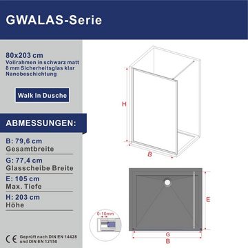 AQUABATOS Walk-in-Dusche Duschwand für Dusche Walk in Dusche Duschabtrennung Glas Schwarz, Sicherheitsglas, 8 mm Einscheibensicherheitsglas, Klarglas, (Breite 80 90 100 110 120 cm), Höhe 203 cm, mit Stabilisationsbügel Verstellbereich, Nano Beschichtung