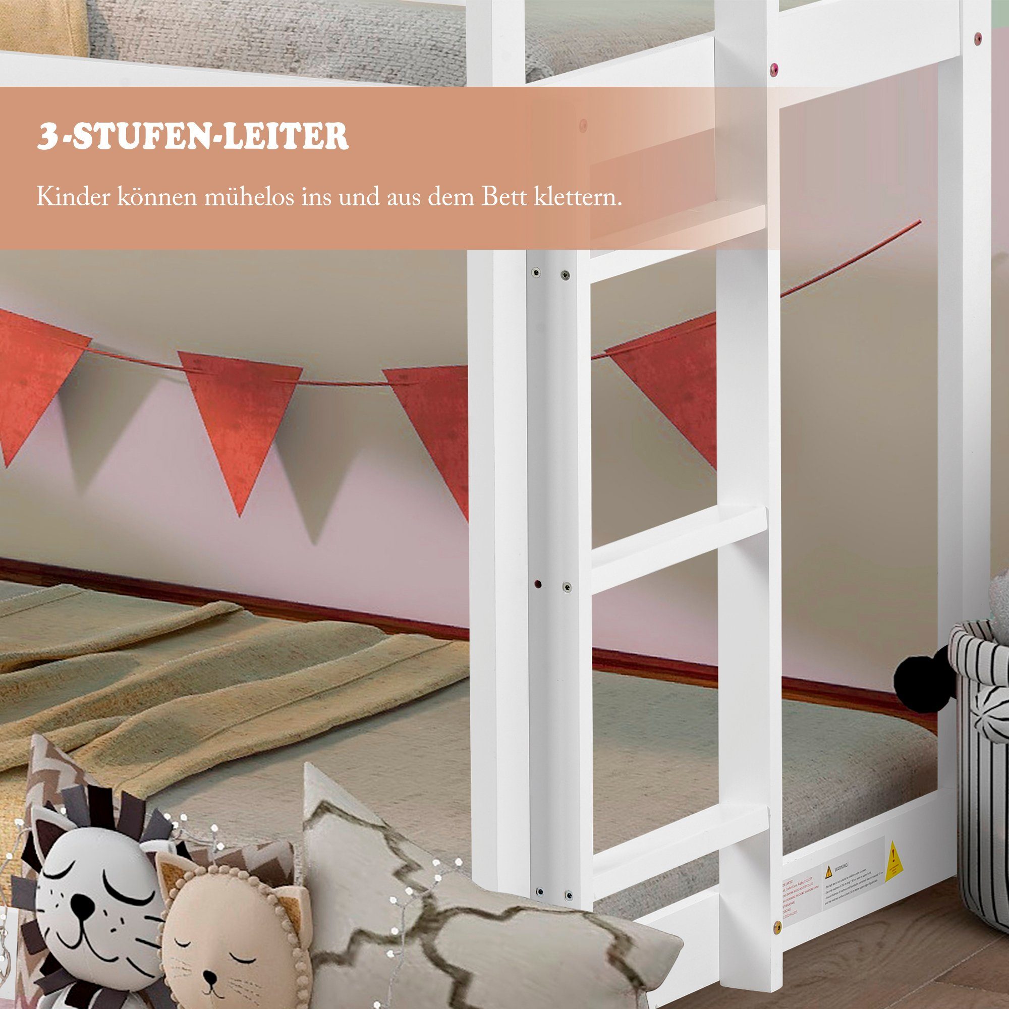 Etagenbett, Hochbett mit 2 Schlafgelegenheiten, Hausbett Kinderbett mit Treppe und Lattenrost, 200x90cm, Kiefer