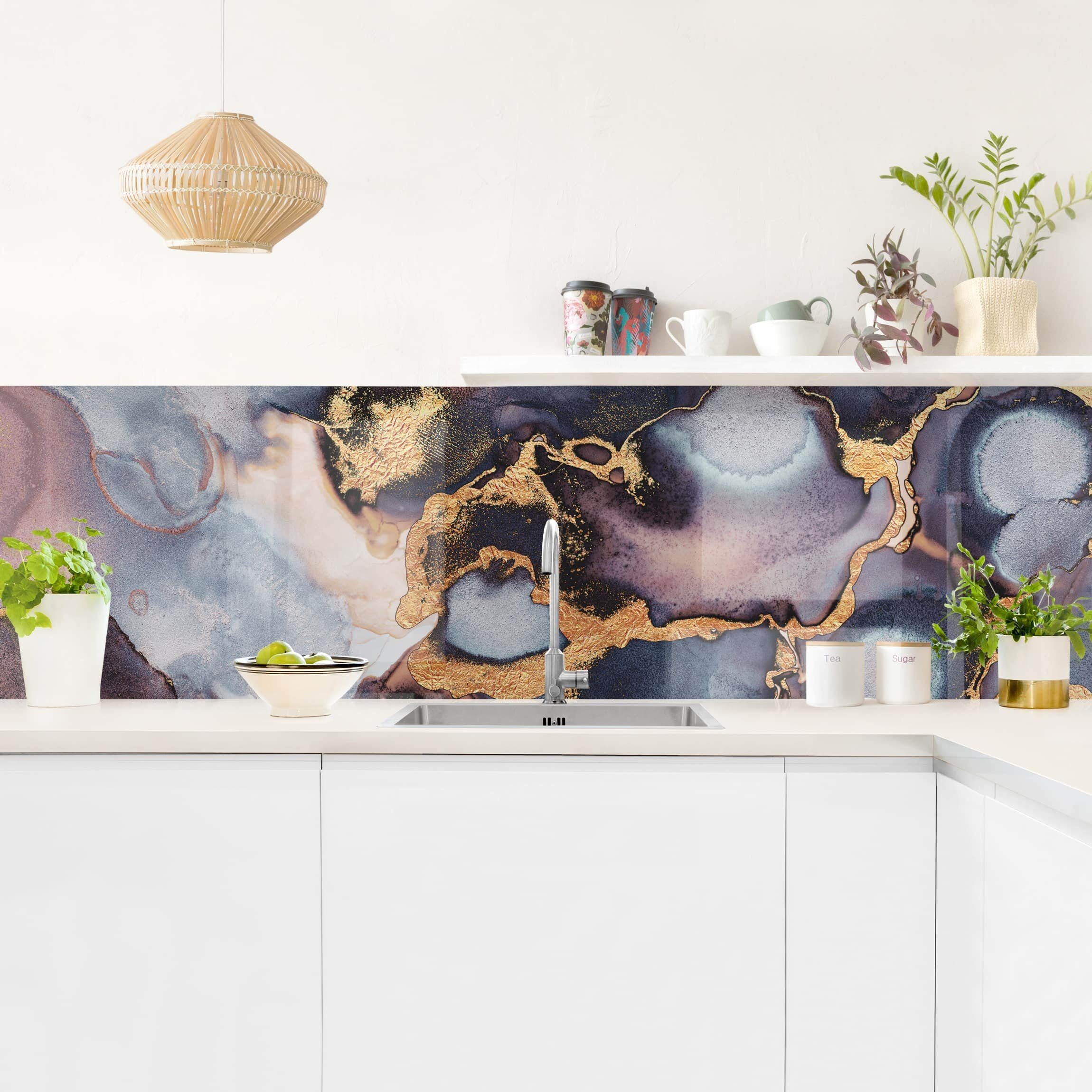 Bilderdepot24 Küchenrückwand gold dekor Abstrakt Kunst Muster Aquarell Steinoptik Marmor Gold, (1-tlg., Nischenrückwand - für Fliesenspiegel ohne Bohren - matt), Spritzschutz Rückwand Küche Herd - Folie selbstklebend versch. Größen
