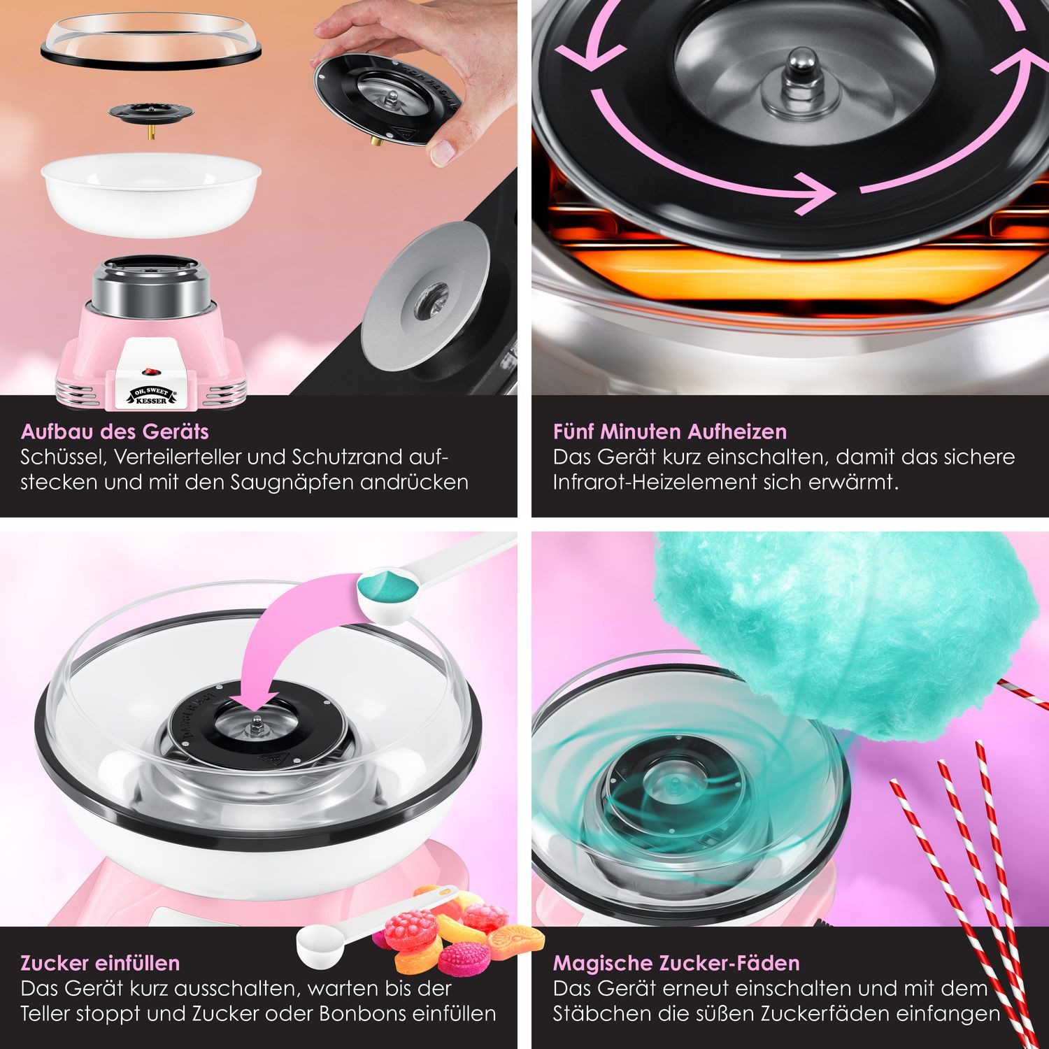 KESSER Zuckerwattemaschine, Zuckerwattegerät Retro Cotton Candy, 30 Zuckerwatte Sticks, Messlöffel