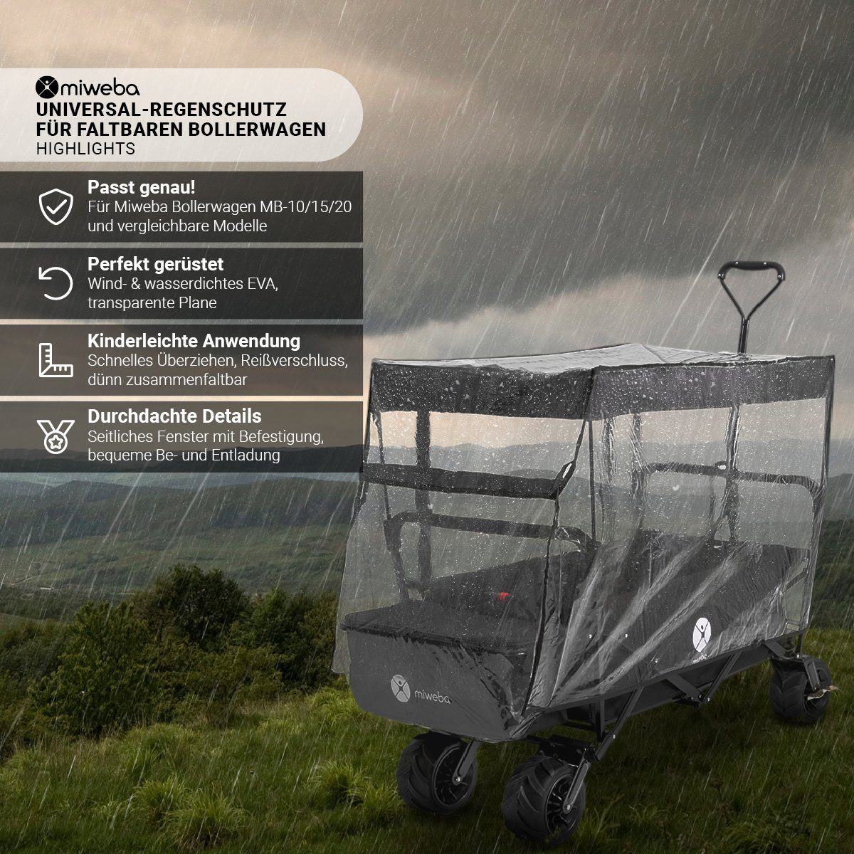miweba Kinderwagen-Regenschutzhülle für Bollerwagen MB-10 / MB-15 / MB-20 Regenschutz (Fenster für Lüftung, Be- und Entladung, Ein- und Ausstieg, inkl. Befestigung, 1-St., Regenschutzhülle - alle gängigen Bollerwägen), Wasser- und winddicht - Reißverschluss - transparent