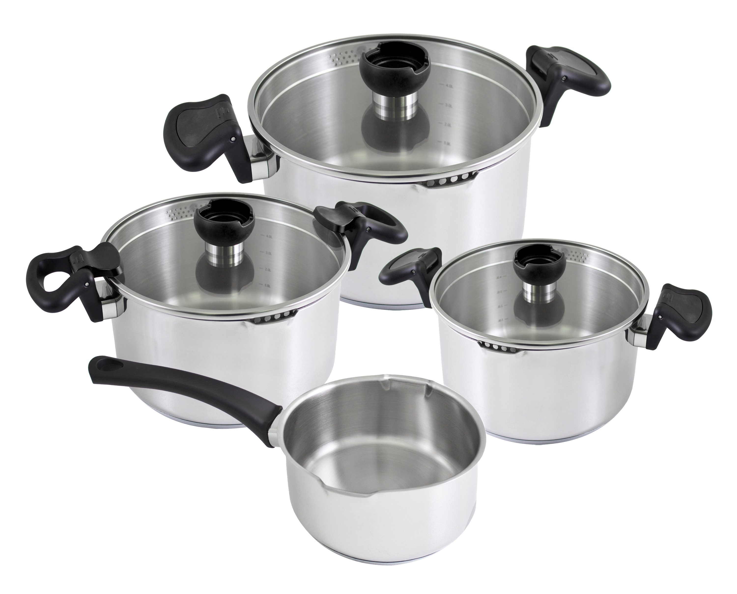 Kopf Topf-Set Nemo, Edelstahl (7-tlg), Induktion-Kochtopf-Set mit intelligenter Abgießhilfe