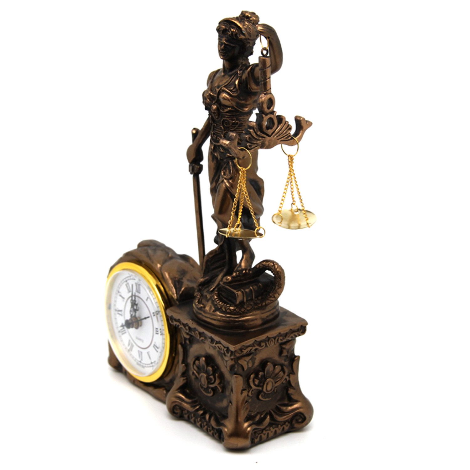 Queen Isabell Tischuhr Uhrfigur der Themis mit Gewichtsschwert Bronzeskulptur
