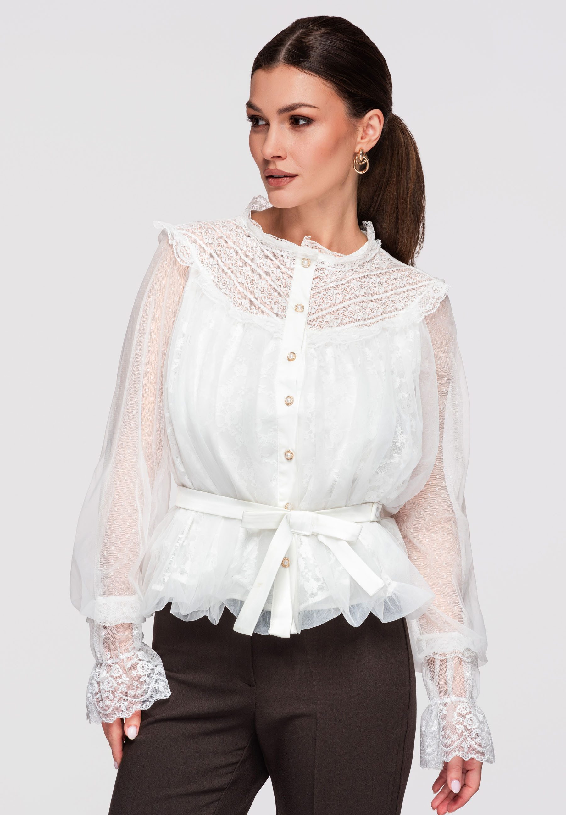 OMBRE Hemdbluse Damen Tüllbluse mit Spitze Elegant Vintage Weiß ONESIZE (kein Set, 1-tlg) Inklusive abnehmbarem Gürtel, Koronkowymi-Einsätze