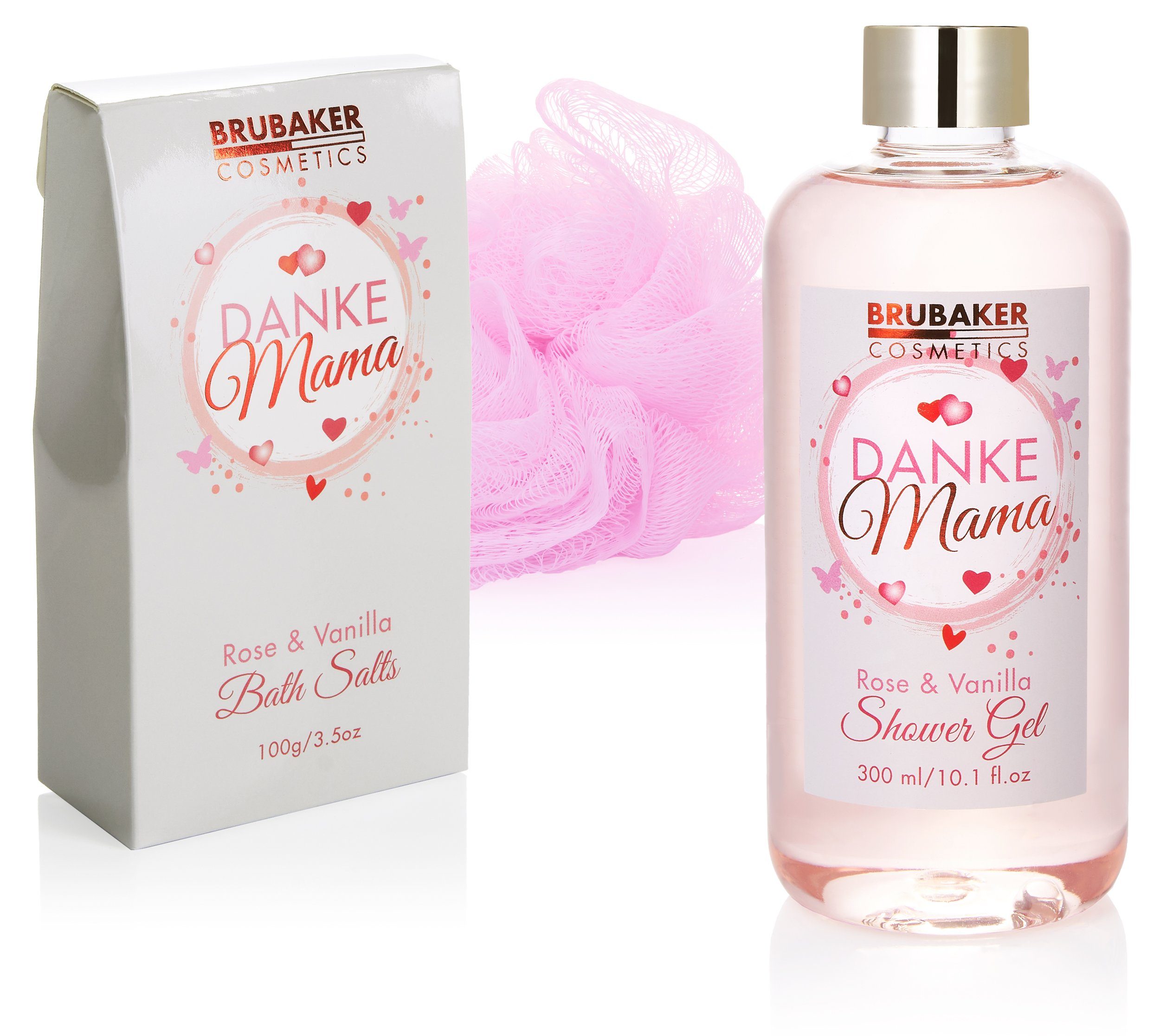 BRUBAKER Pflege-Geschenkset Badeset Danke Mama, Geschenk Set für Muttertag und Geburtstag, 7-tlg., Muttertagsgeschenk in Korb, Mutter Pflegeset mit Rosen Vanille Duft