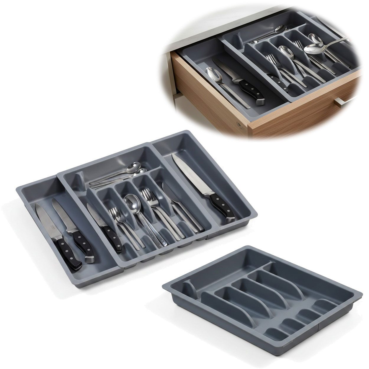 LS-LebenStil Besteckkasten Schubladeneinsatz Besteckkasten 29-50cm Grau ausziehbar Besteckbox (Besteckbox ideal in Küche, Haushalt für Aufbewahrung & Organisation, 1 St., Organizer verstellbar für handelsübliche Küchen-Schubladen), Kunststoff Cutlery Utensilienhalter Schubladentrenner