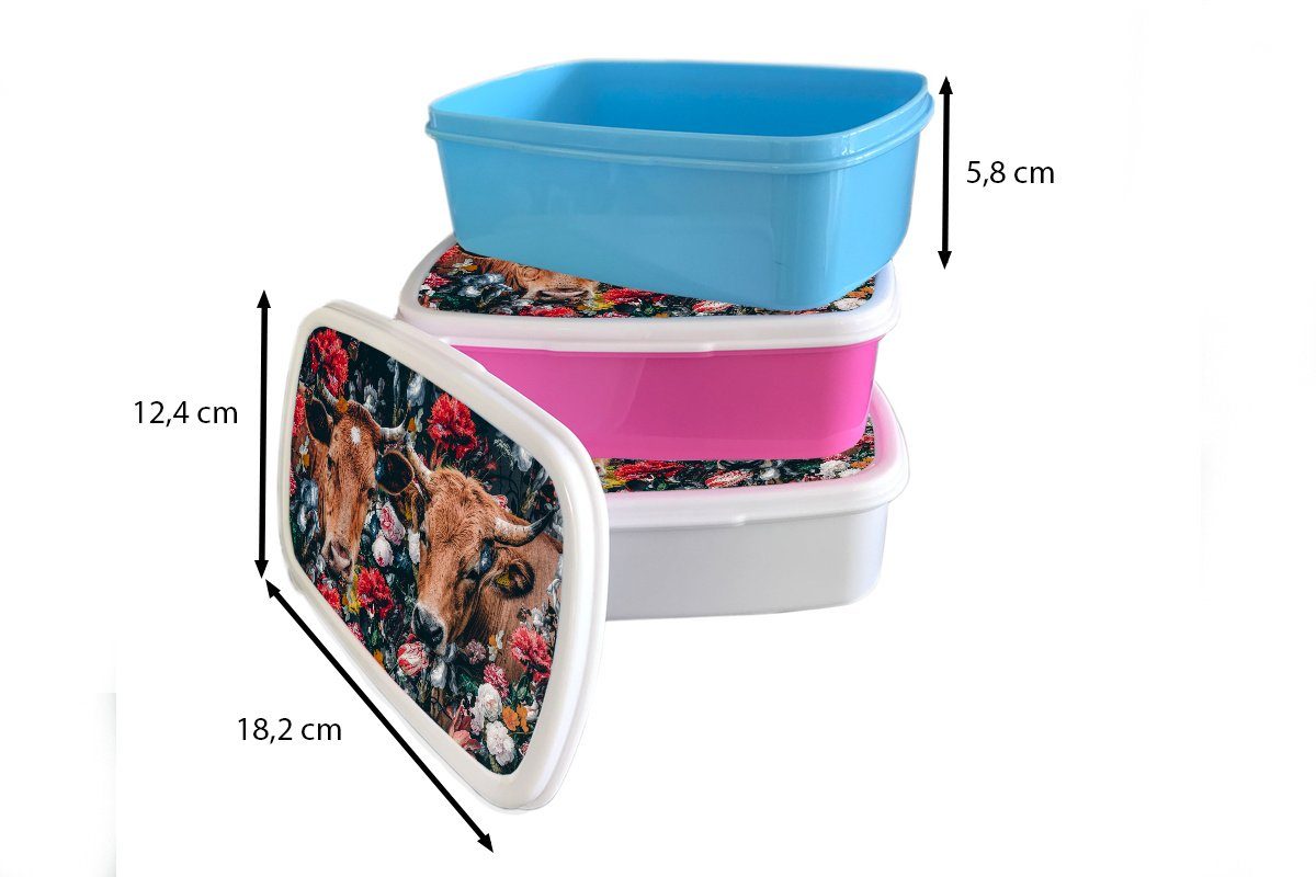 Erwachsene, Brotdose Lunchbox Kunststoff, rosa Kunststoff Tiere - Blumen Snackbox, - (2-tlg), Kuh MuchoWow Brotbox Mädchen, Kinder, - für Porträt,