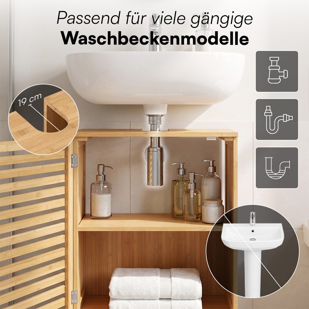 Bellamio Waschbeckenunterschrank Newa, Badezimmerschrank mit zwei Ablagefächern (mit Flügeltüren, 1-St) aus natürlichem Bambus, robst und langlebig – Bild 5 von 5