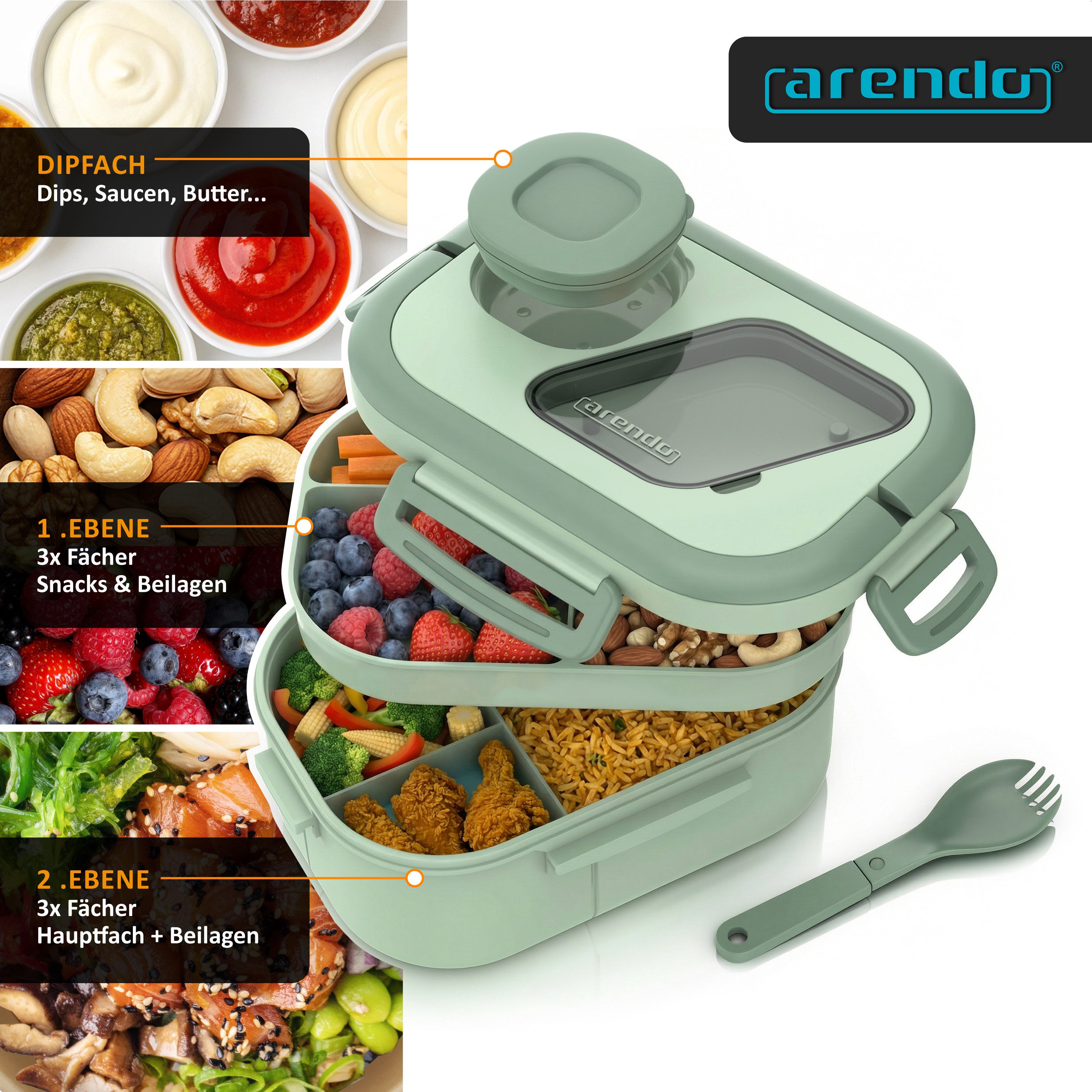 Arendo Lunchbox Bento Box Zweistöckig mit Fächern, Tragegriffen & Besteck, Brotdose, Polyprophylen (PP), (Set, 4-tlg., 6 Fächer plus Butterdose und Besteckfach), Auslaufsicher, mikrowellen- & spülmaschinengeeignet, BPA-frei, 1000 ml