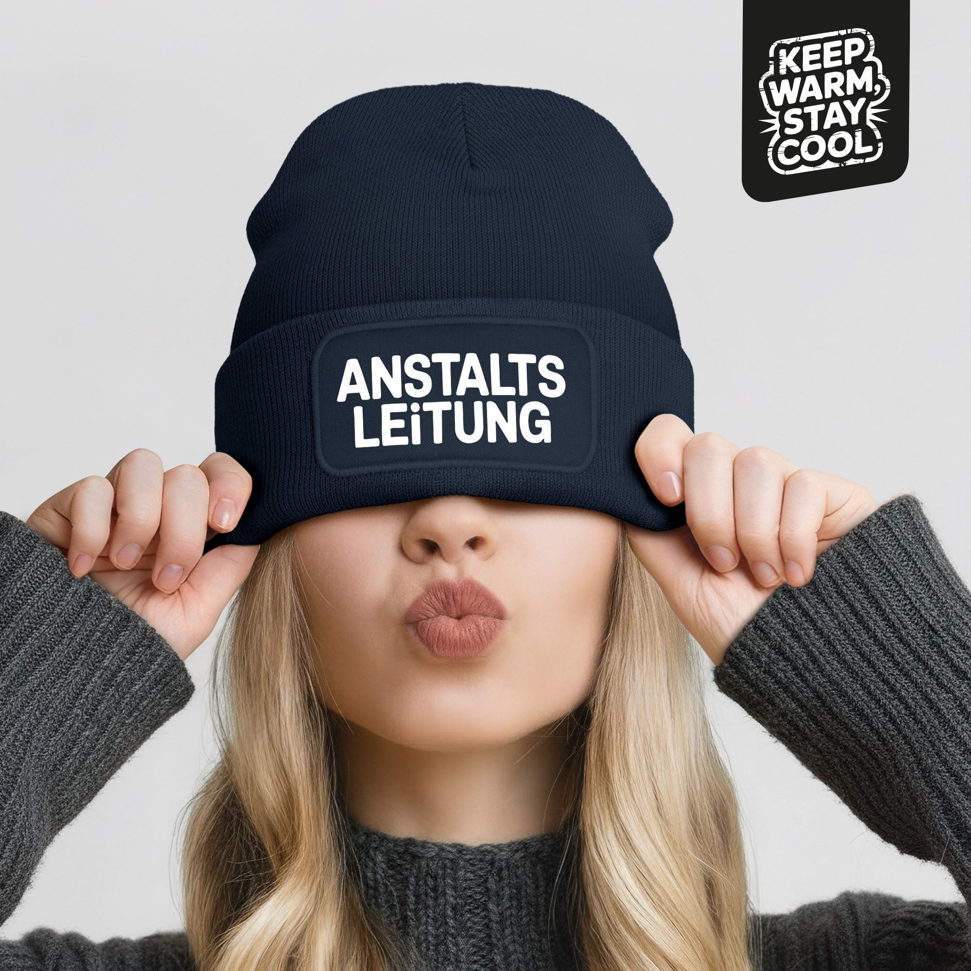 MoonWorks Strickmütze Damen Beanie Patch Bedruckt Lustig Anstaltsleitung Strickmütze mit