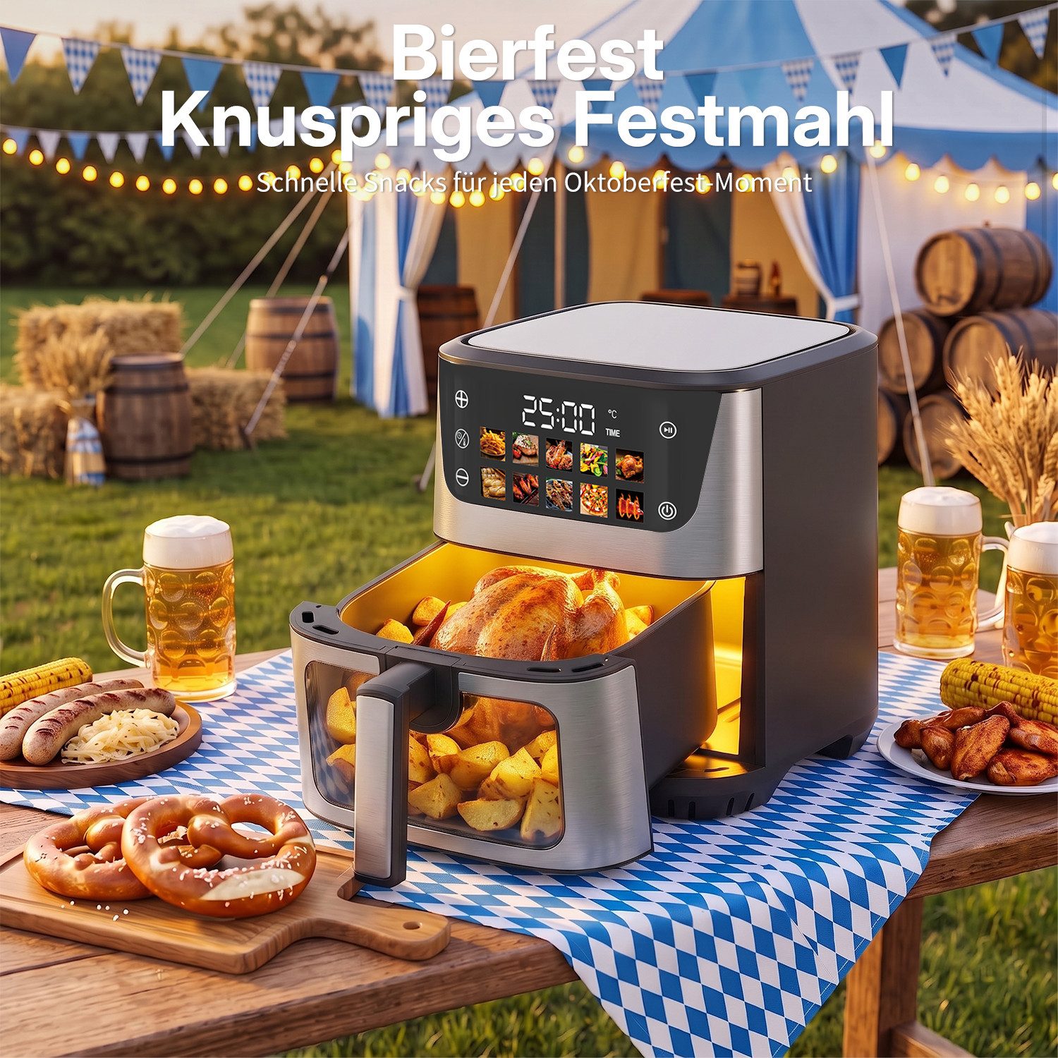 oyajia Heißluftfritteuse 9 Liter XXL Air Fryer, 10in1 Heißluftfritteuse, Farb-LED-Display mit Sensor-Touch Bedienung, fettfreie Zubereitung, inkl. Timer, platzs – Bild 2 von 5