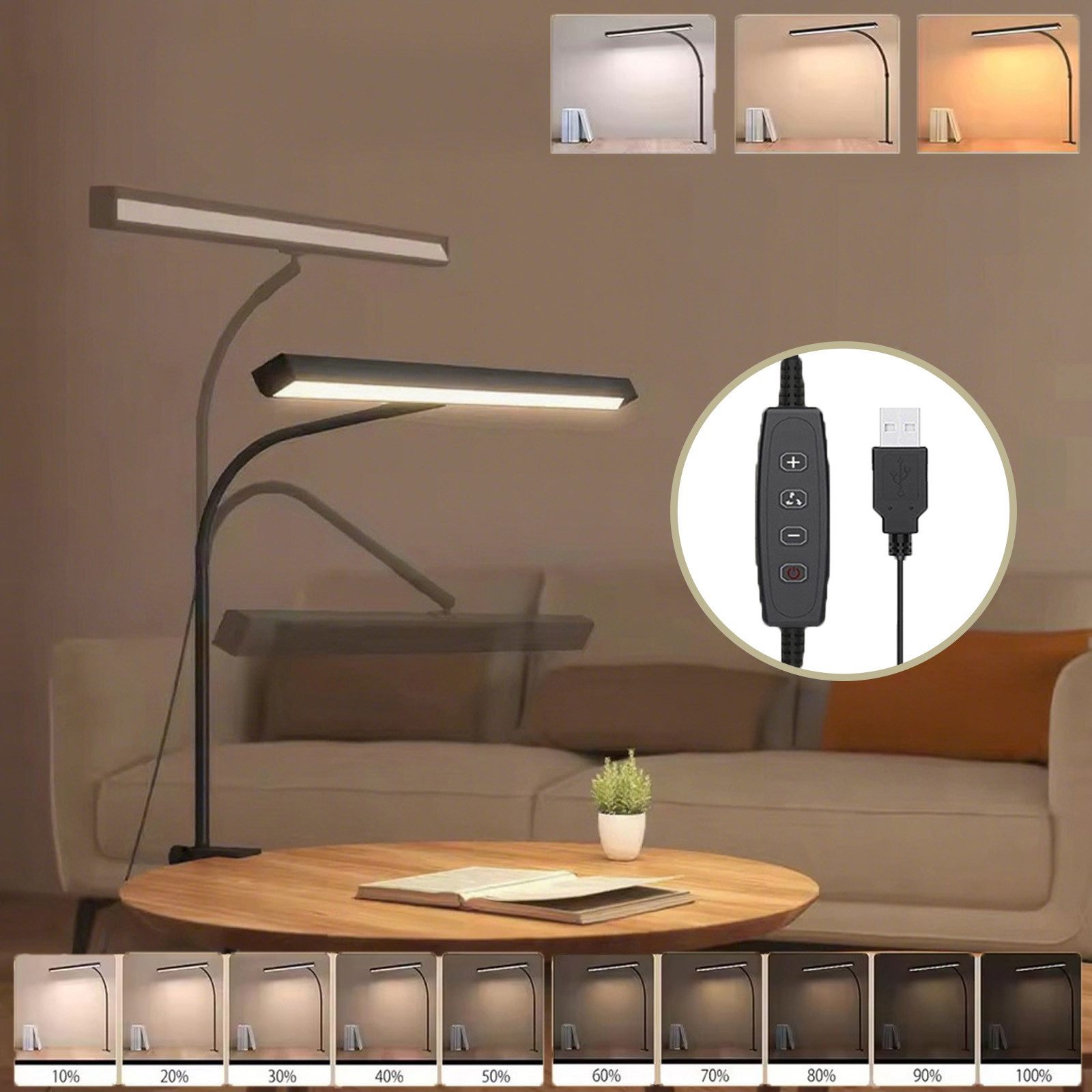 Jibenhome LED Schreibtischlampe Tischlampen 360° Schwanenhals,USB Dimmbar Klemmtischleuchte, USB, LED fest integriert, 3 Farben,40cm Breit für Arbeit,Lesen & Handwerk