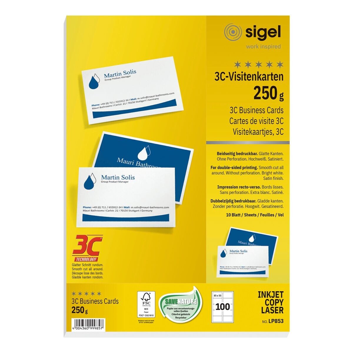 Sigel Визитные карточки LP853, Edelkarton hochweiß-matt, ohne Perforation 250 g/m²