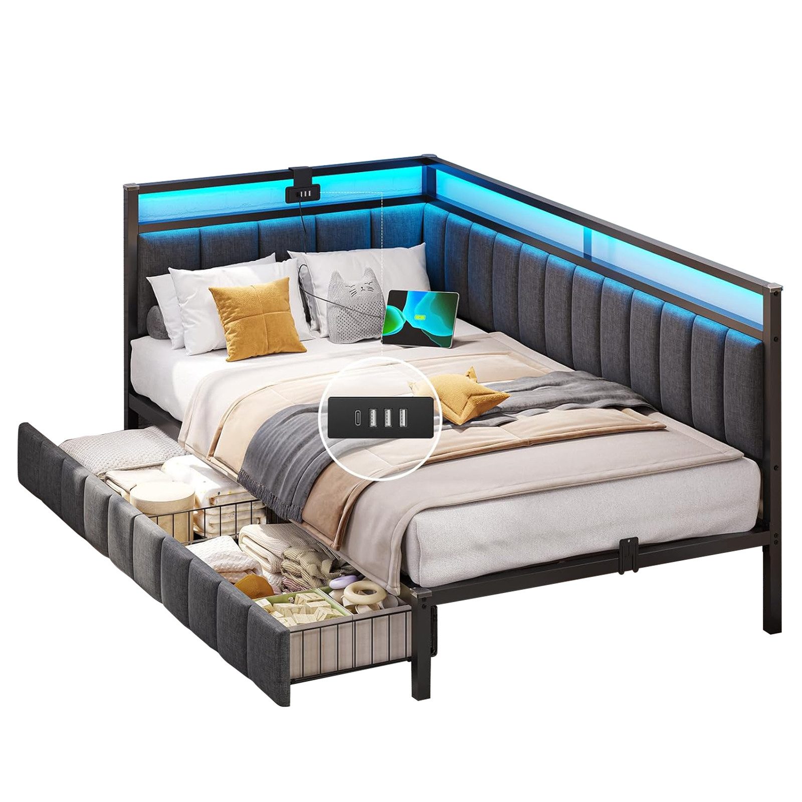 MSMASK Daybett mit LED-Beleuchtung & USB-Ladeanschlüssen, L-förmiges Schlafsofa, Kinderbett Jugendbett mit 2 Schubladen, 90 x 190 cm