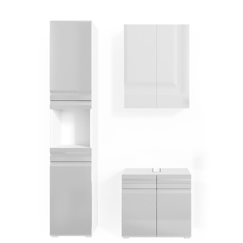 Vicco Badmöbel-Set Fredd, Weiß Hochglanz, 3 Teile, mit Hochschrank, (3-St., 3er Set)