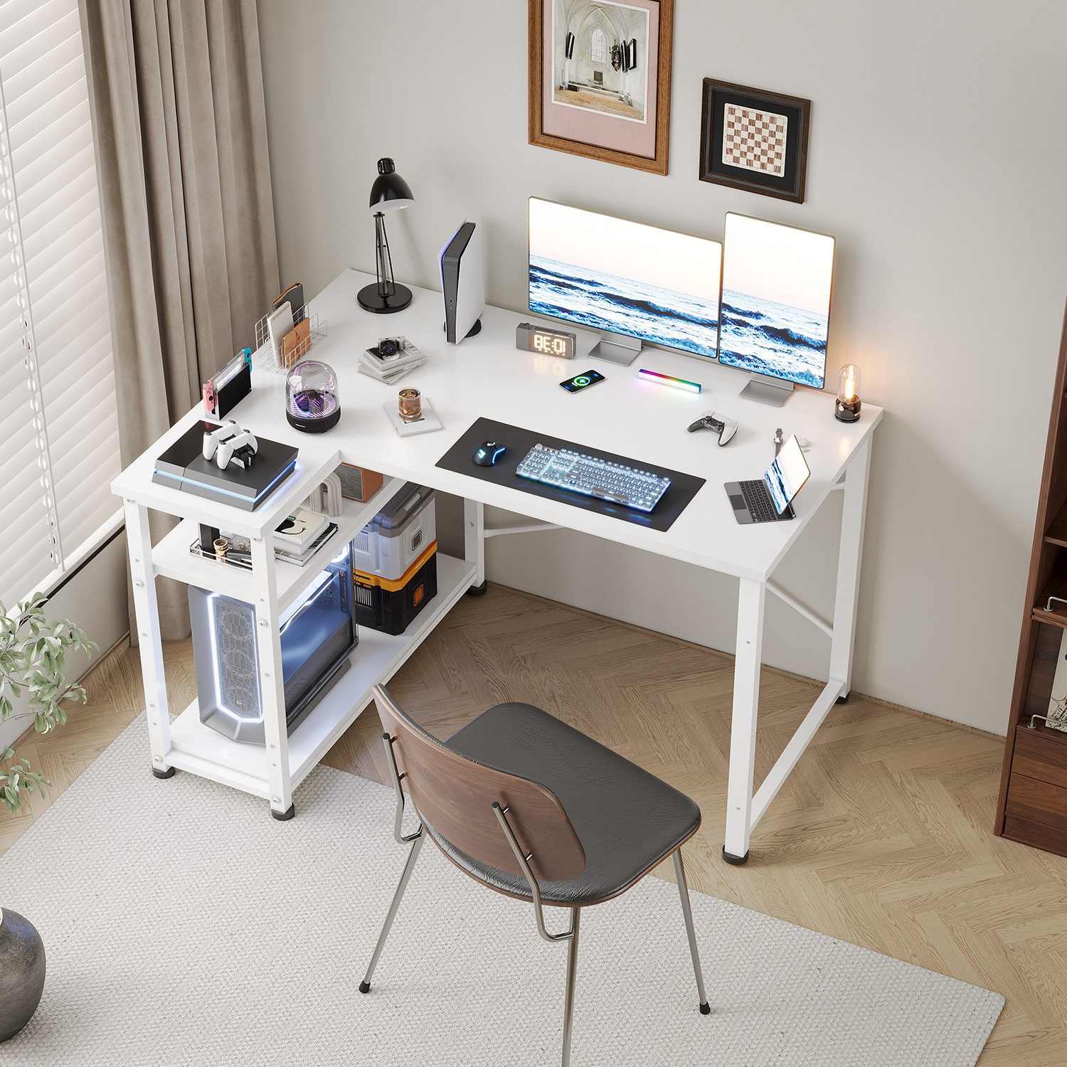 GUNJI Eckschreibtisch Eckschreibtisch Umkehrbarer L-förmiger Computer schreibtisch mit Hutch (Schreibtisch mit verstellbaren Regalen)