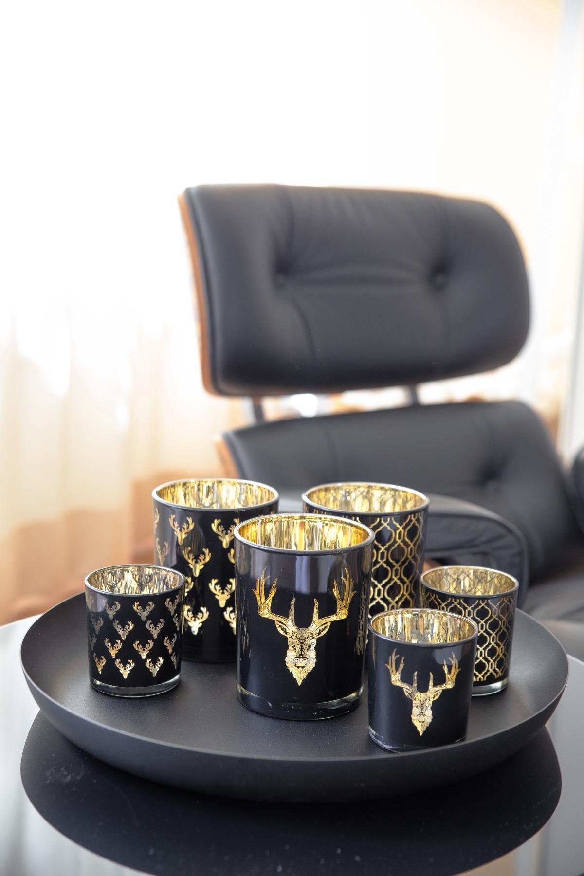 Teelichtglas Windlicht in 13 mit für cm Kerzenglas cm, Hirsch-Motiv Teelichter, 10 EDZARD Höhe Gold-Optik, Tom, Ø