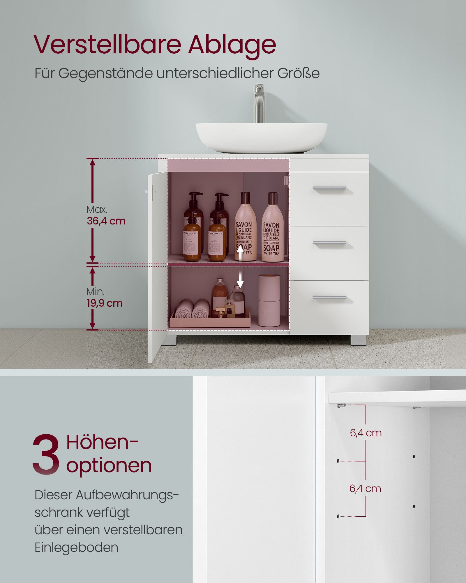 VASAGLE Waschbeckenunterschrank Badezimmerschrank Badschrank mit 3 großen Schubladen, 2 Fächer hinter der Tür, Breite 60/70 cm