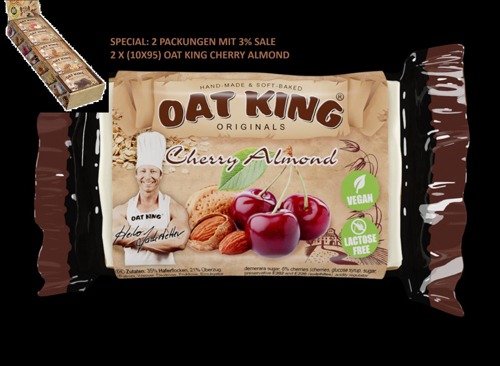 LSP 2x OAT KING Riegel Hafer (10X95G), Cherry Almond Riegel Bar Riegel, Bar, 2 er Einzelne Riegel oder Mix-Display à 20 St., Hoher Energiegehalt: schnell verfügbare Energie durch Kohlenhydrate