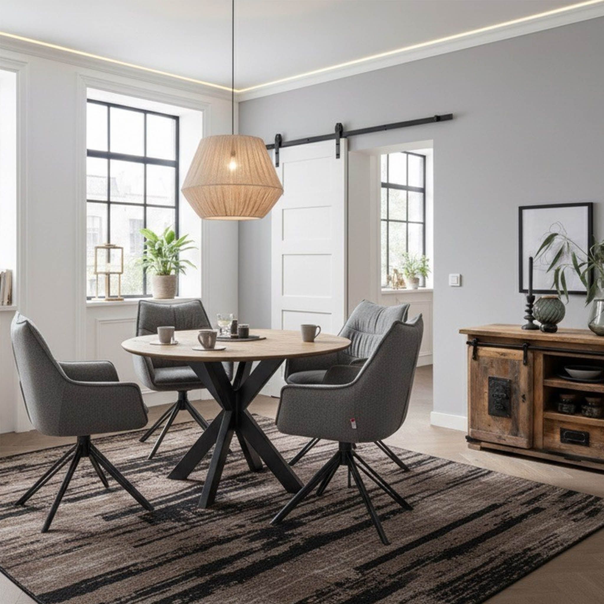 bene living Esszimmer-Set Massivholztisch Avola und 4er Set Diningsessel Ginosa dunkelgrau, (Indoor-Möbelset, 5-St), Mangoholz-Tischplatte - drehbare Diningsessel