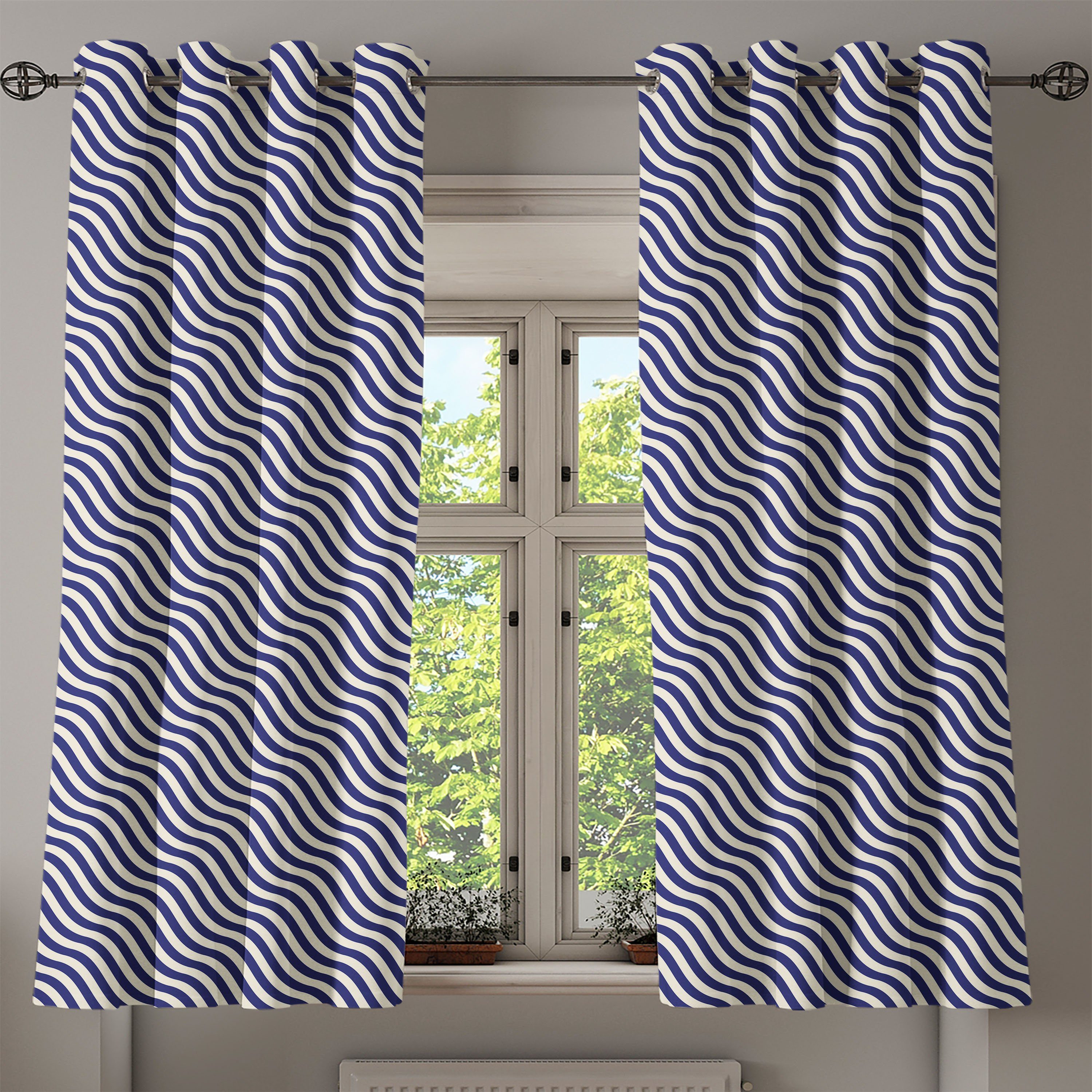 Abakuhaus, Gewellte Streifen für Wohnzimmer, Dekorative Dunkelblau 2-Panel-Fenstervorhänge Marine Gardine Schlafzimmer