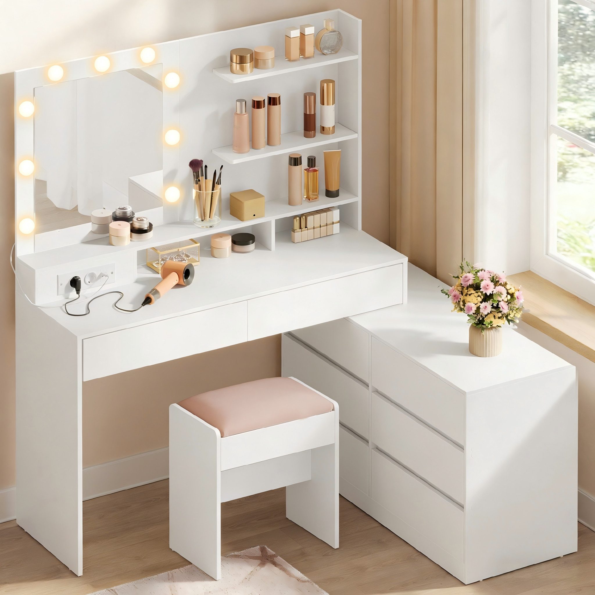 VASAGLE Schminktisch Frisiertisch 9 Glühbirnen, 8 Schubladen, 3 Lichtfarben (1 Tisch mit 1 Hocker), mit drehbare Seitenkommode, gerade oder L-förmig, mit Licht