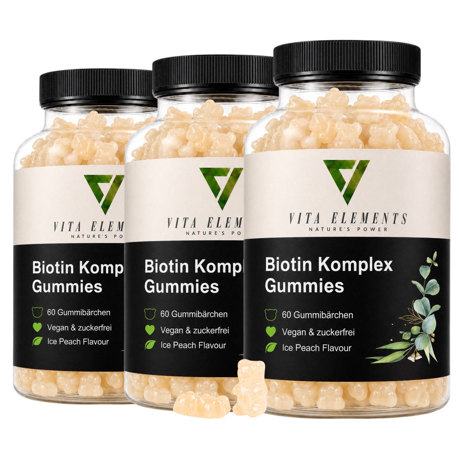 Vita Elements Biotin Komplex Gummies - 5000µg Biotin mit 8 Nährstoffen, 180 Gummibärchen, 3 er Spar-Set à 60 St., Vegan, Zuckerfrei, Ice Peach Flavour, Laborgeprüft in Deutschland