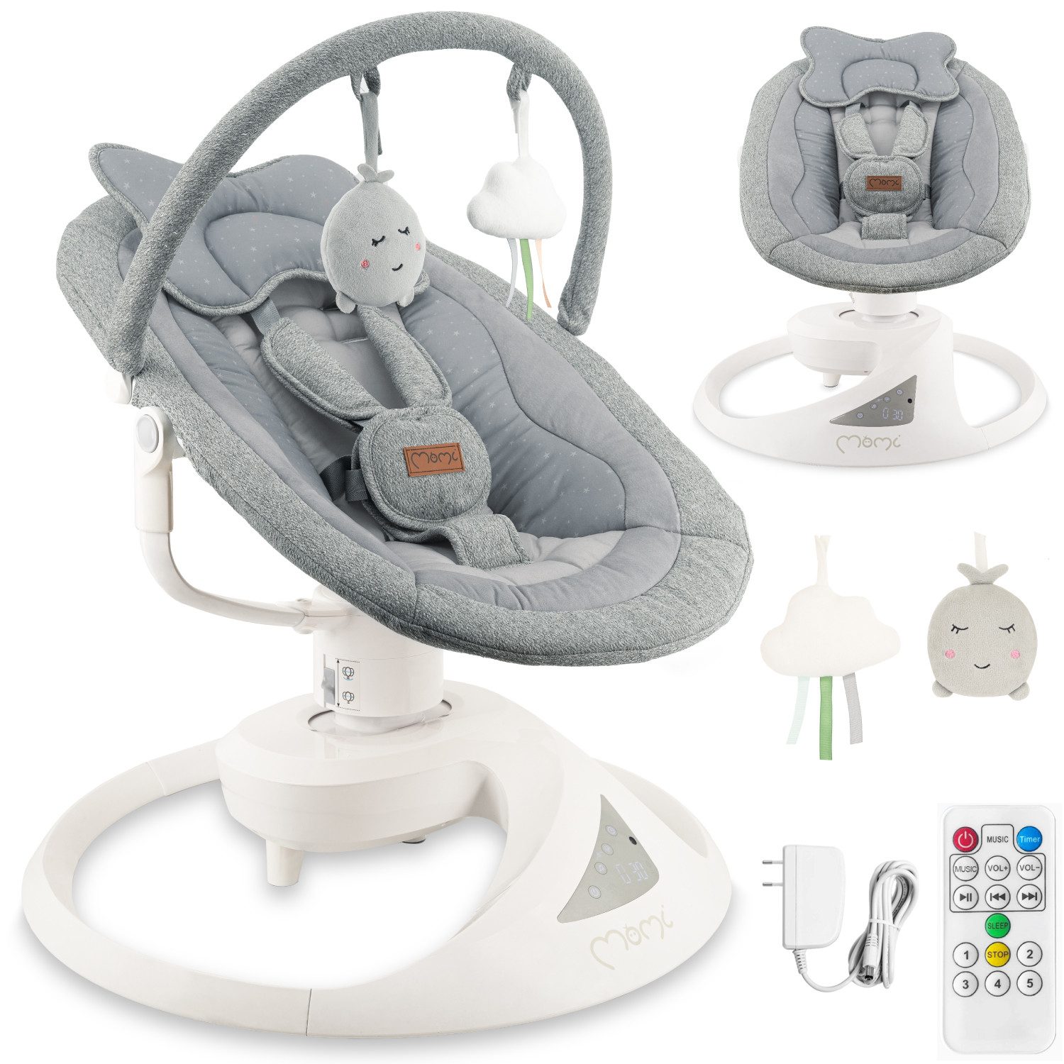 MoMi Babywippe Pearl, 360° drehbar, Bluetooth, 5 Stufen, 2 Modi